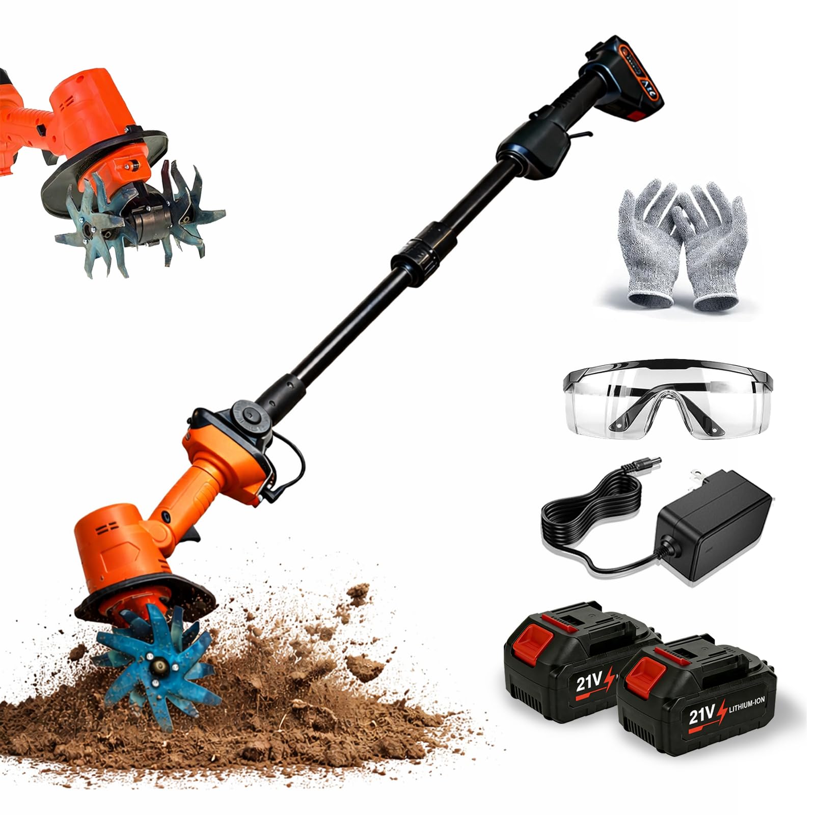 Motoazada Inalámbrica 21V para Jardinería, Cultivador Eléctrico 235 RPM con 2 Baterías Y Cargador, Ancho 13 Cm, Profundidad 10 Cm (B)