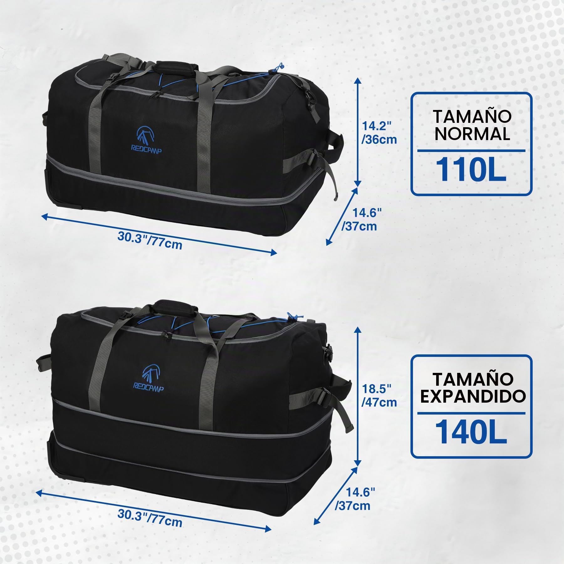 REDCAMP Bolsa de lona plegable con ruedas, impermeable extra grande viaje Duffle Bag equipaje con ruedas para viaje, 140 l ampliable-negro, 140L, Bolsa de viaje extensible con rueda