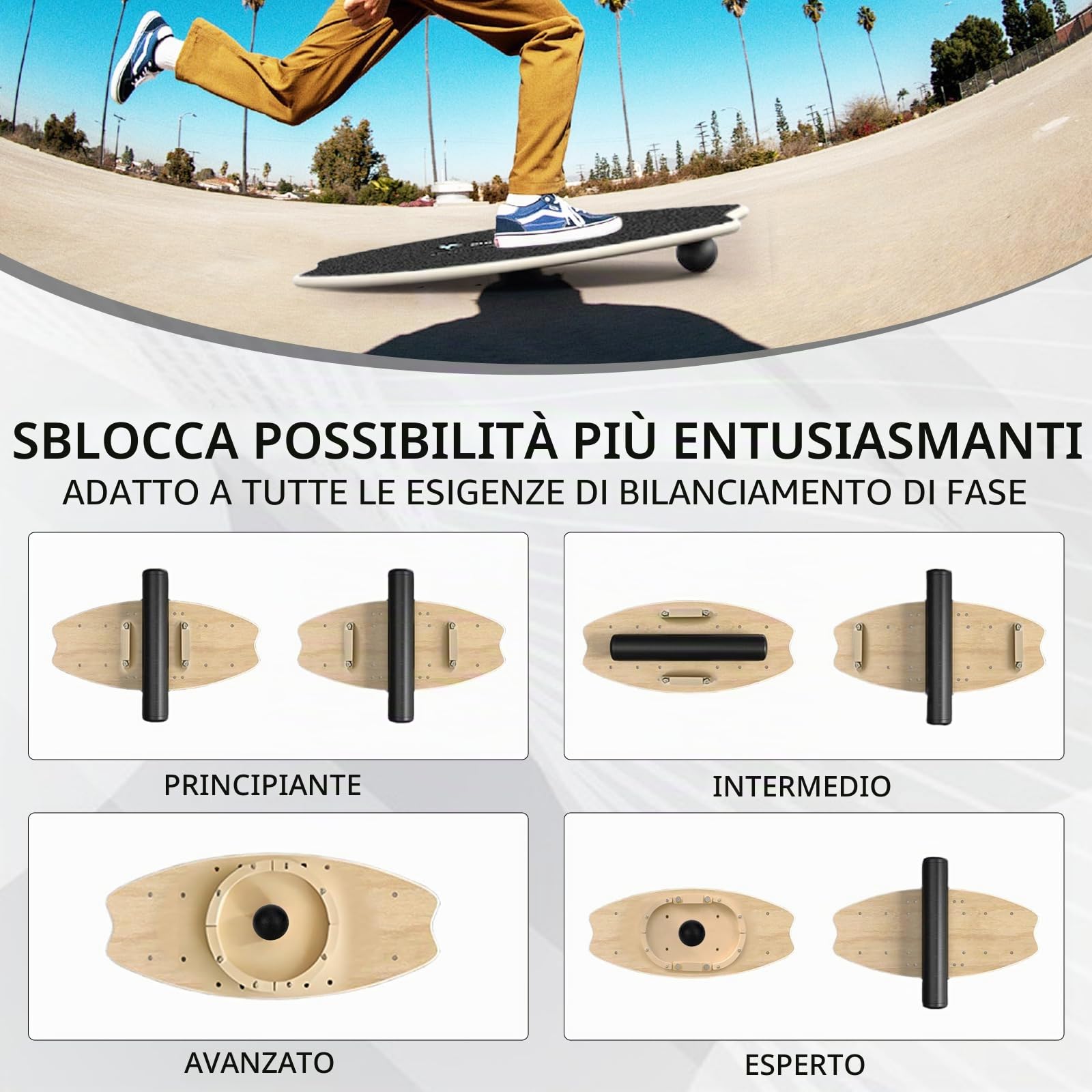 Tavola di’Equilibrio in Legno, Tavola d'Equilibrio Professionale con Rullo, Palla d’Equilibrio, Supporto, Tavola Indoor per Skateboard & Surf, Trickboard per Fitness, Yoga & Riabilitazione