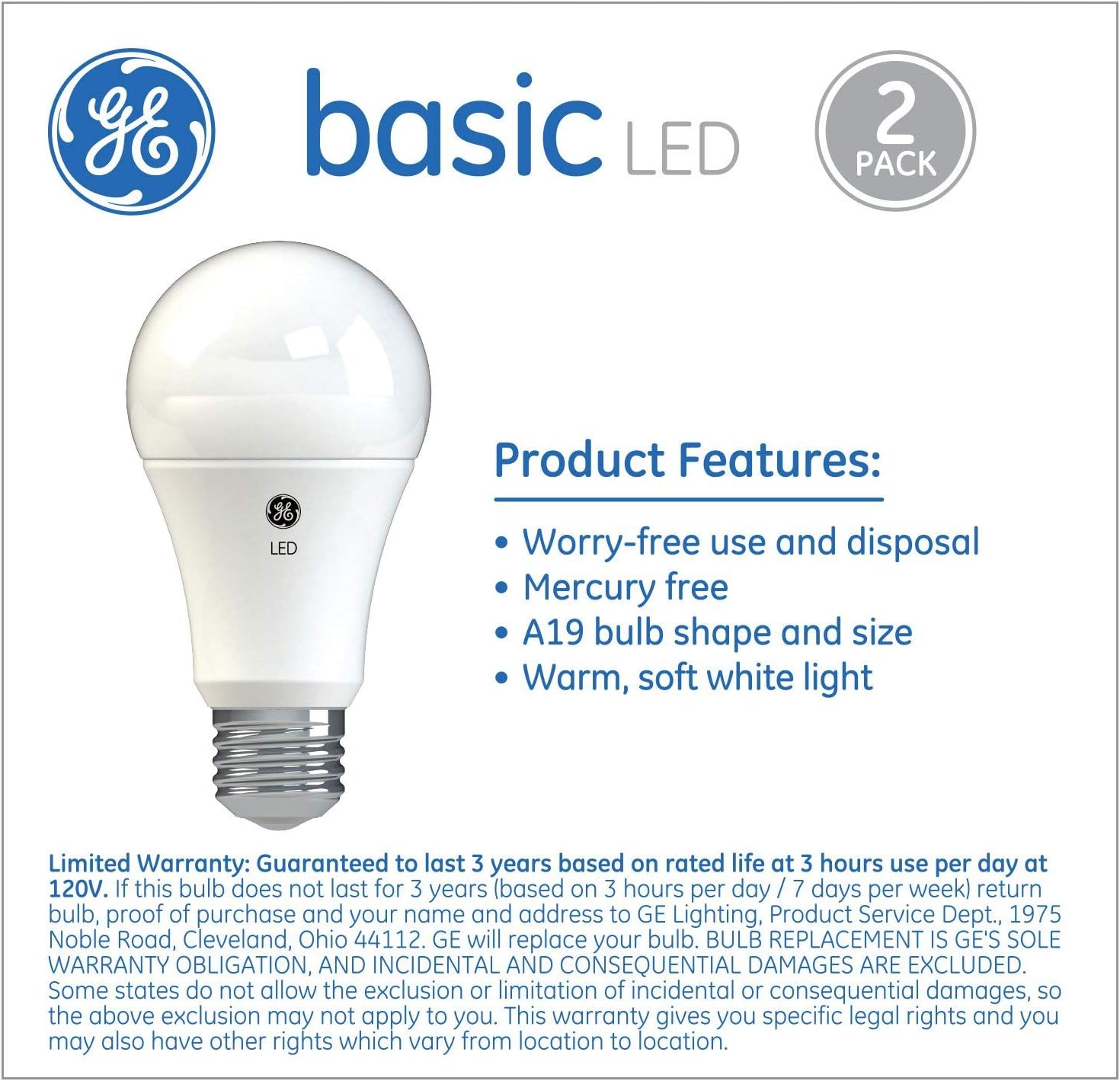 GE Basic LED Light Bulbs, 100 Watt, Soft White, A19, Medium Base (2 Pack)