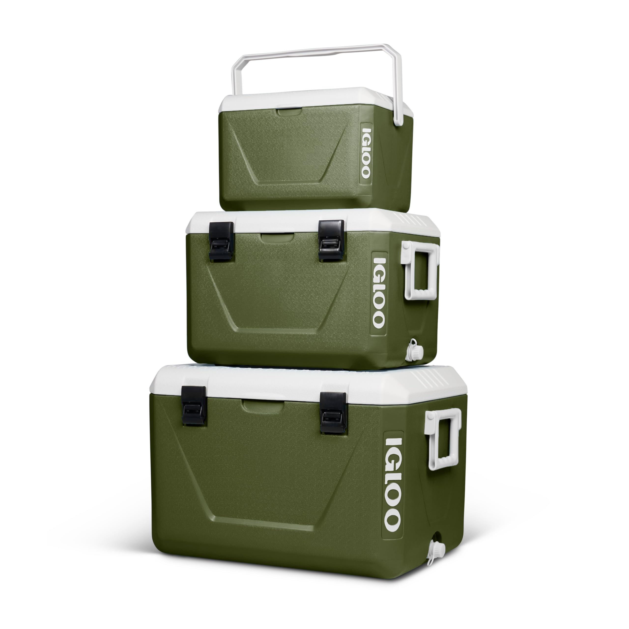 IGLOO Set di ghiacciaie passive impilabili 55 L + 27 L + 11 L – Contenitori termici leggeri & resistenti per campeggio, spiaggia & outdoor – Design salvaspazio impilabile, Verde