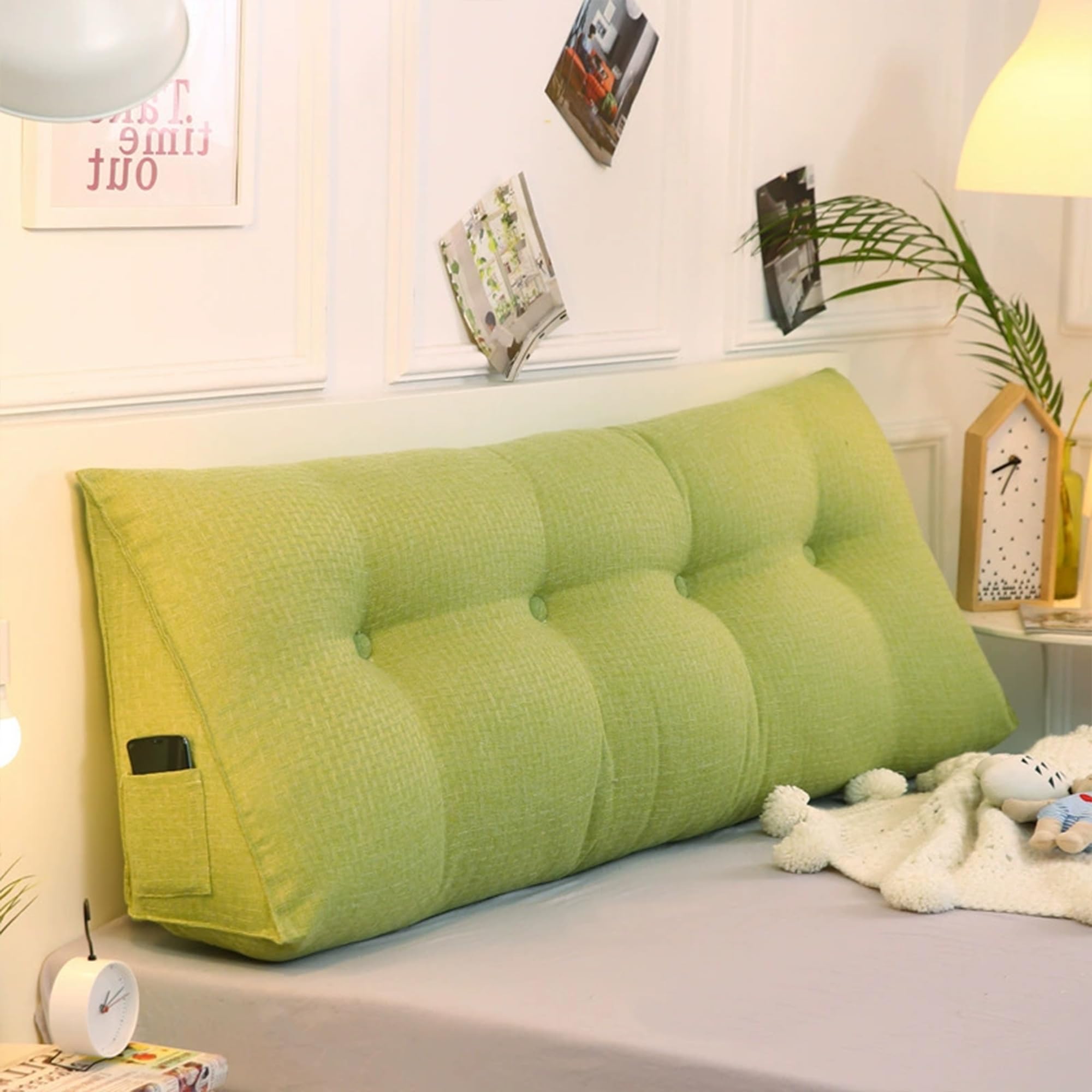 DUOLEH Wedge Lumbar Pillows, Headboard Backrest, Waist Backrest, Reading Pillow with Side Pockets, Lumbar Support Cushion, Triangular Wedge Cushion for Sofa, Bed (120x50x20cm,Green)