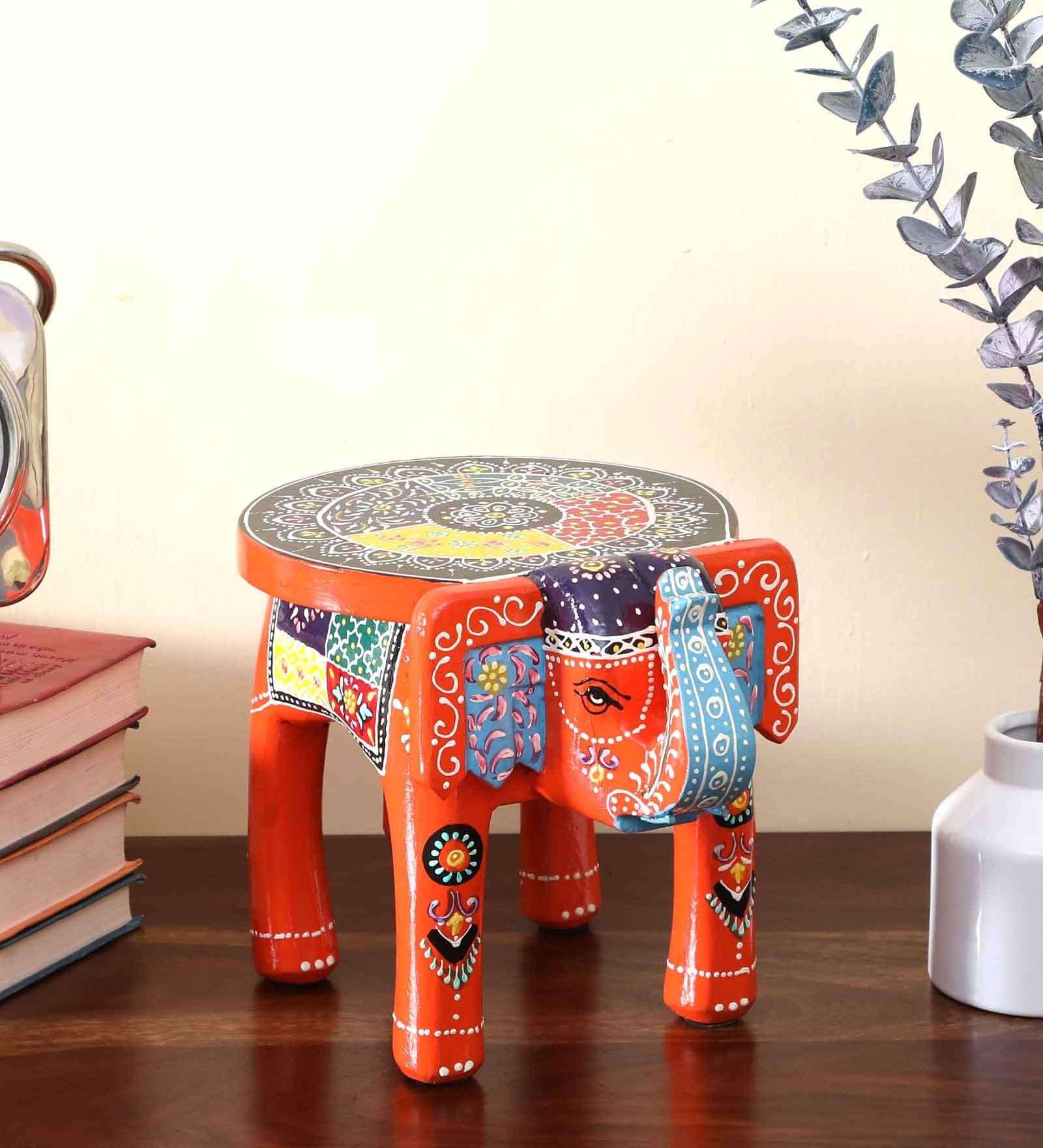Ujjwal Wood Decorative Rajastani Hand Painted Elephant Stool | Rajasthani Home Decor Handicrafts | Home Decorative Items in Living Room, Bedroom, Office | Showpiece Gifts (8 inch Orange)