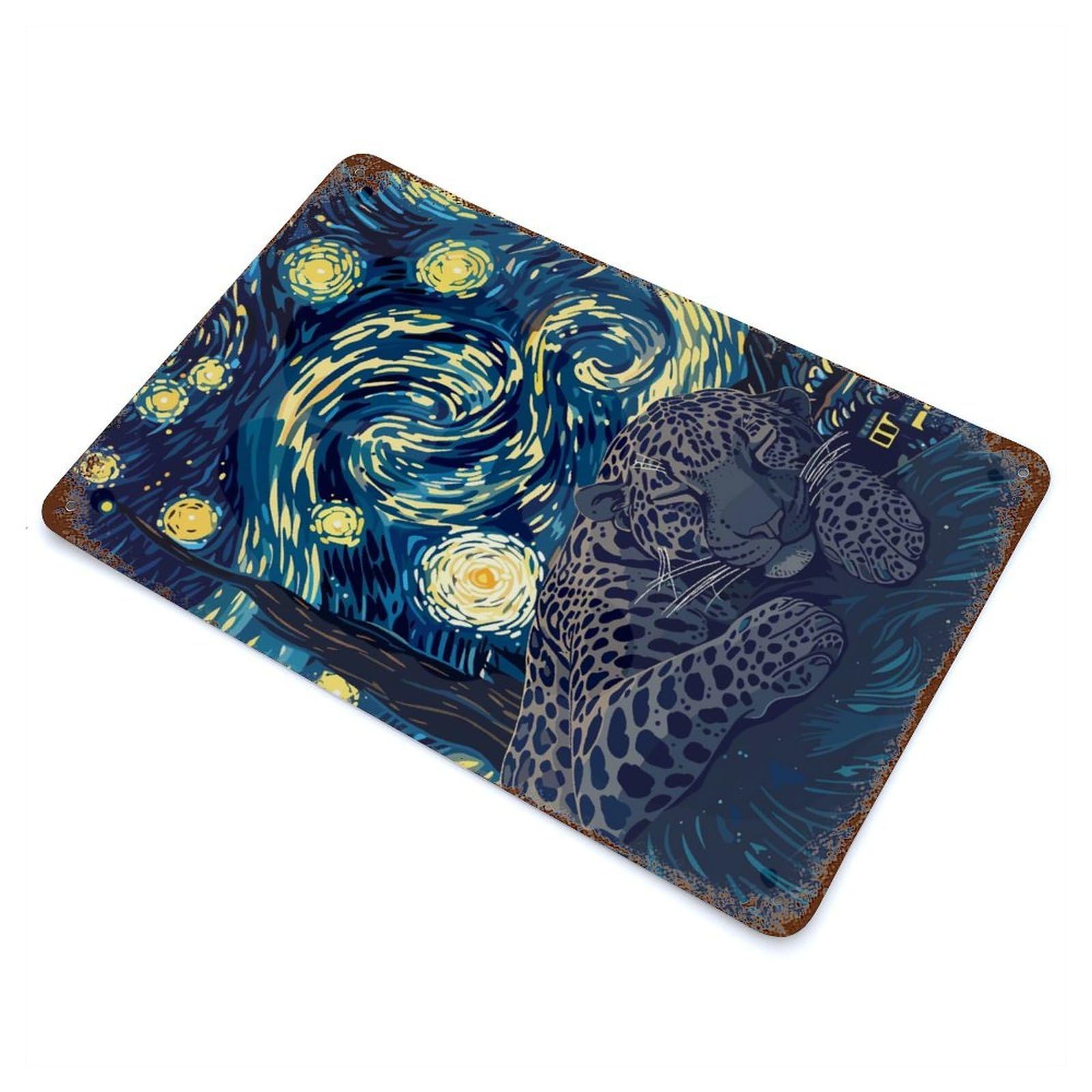 Leopard Sleeping Under Starry Night Sky Retro Metal Sign 11.8"x7.9", Vintage Wall Decor for Garage, Pub Or Kitchen