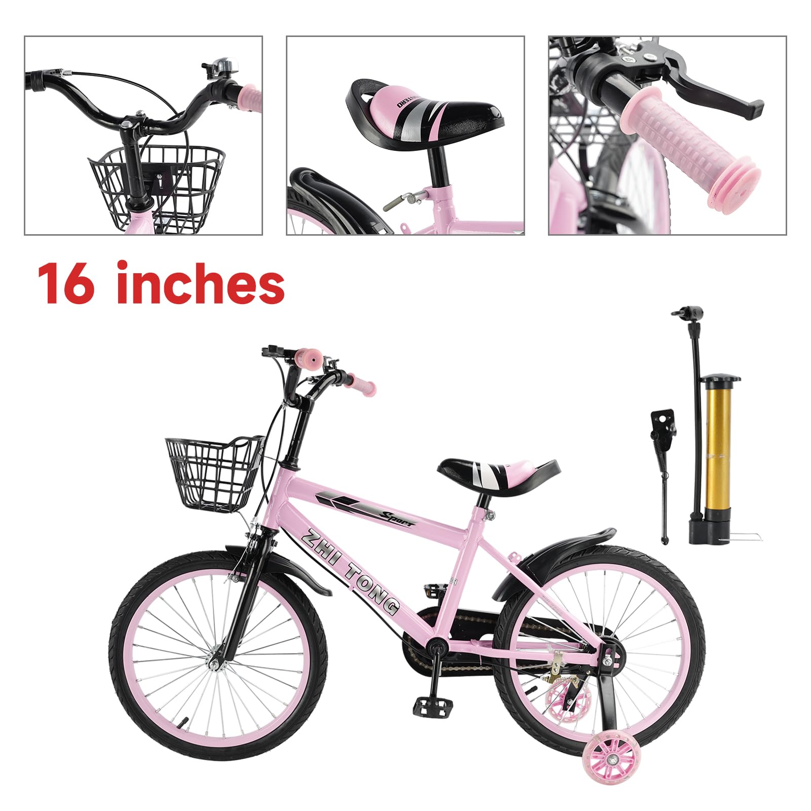 16 Zoll Kinderfahrrad, Verstellbarer Sitz & Lenker, Kohlenstoffstahlrahmen, Doppelbremsen, Stoßfeste Speichenräder, Magnetisches Blitzrad, Abnehmbare Stützräder, Jungen/