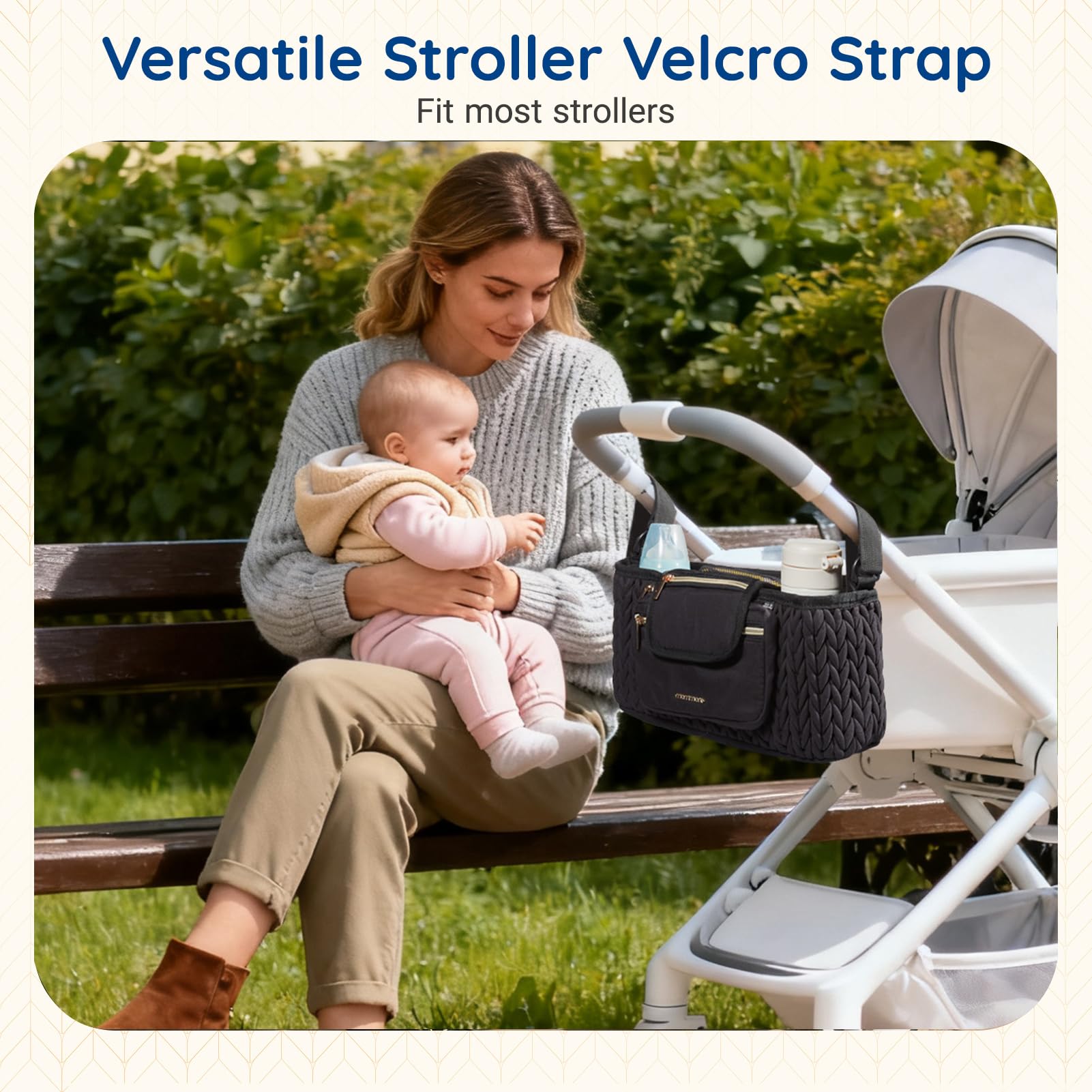 mommore Organiseur de poussette avec porte-gobelets isothermes, panier réglable pour poussette avec sac de téléphone amovible, accessoires de poussette pour Uppababy, Doona, Jogger, Britax (noir)