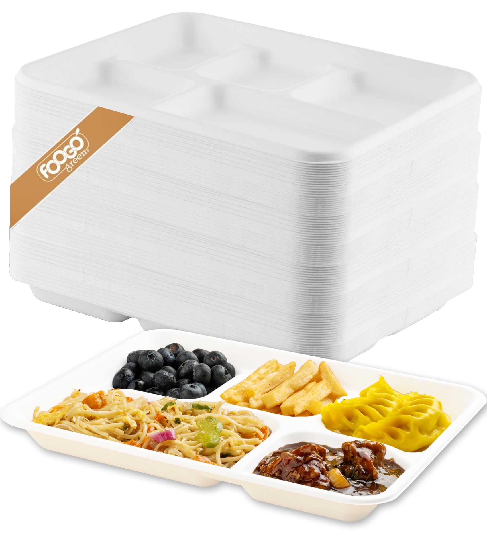 FOOGO Green 50pcs Large Disposable Plates with compartments, 10x8 inch 5 Compartments, Sugarcane Bagasse Paper Trays, Divided Plates for Hot Food, Portion Control