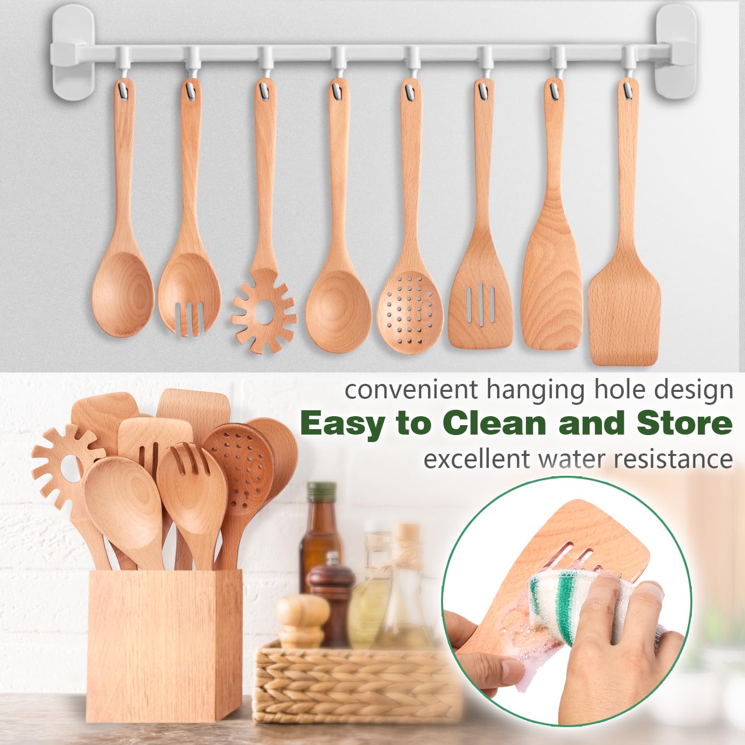 Kitchen - Juego de utensilios de cocina de madera de haya de 8 piezas, cucharas de cocina de madera con espátula, skimmer, cuchara de pasta y volteador, herramientas de cocina de madera duraderas