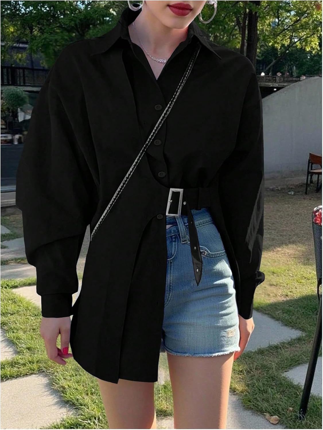 Verdusa Women's Oversized Button Down Shirts Asymmetrical Long Sleeve Shirt Buckle Dressy Casual Blouse - Image 2