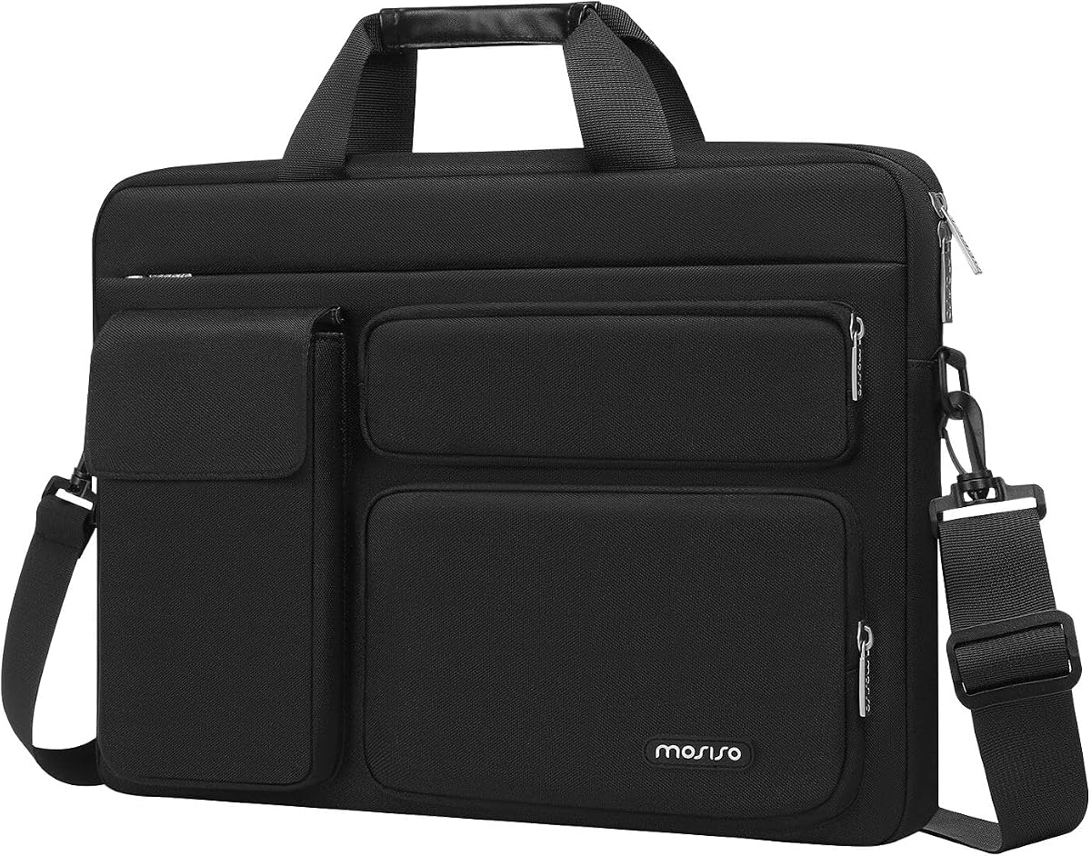 MOSISO Laptop Shoulder Bag 16 inch, 15-15.6 inch Computer Bag | Compatible with MacBook Pro 16 inch, HP, Dell, Lenovo with 2 Raised&1 Flapover&1 Horizontal Pocket&Handle&Belt, Black