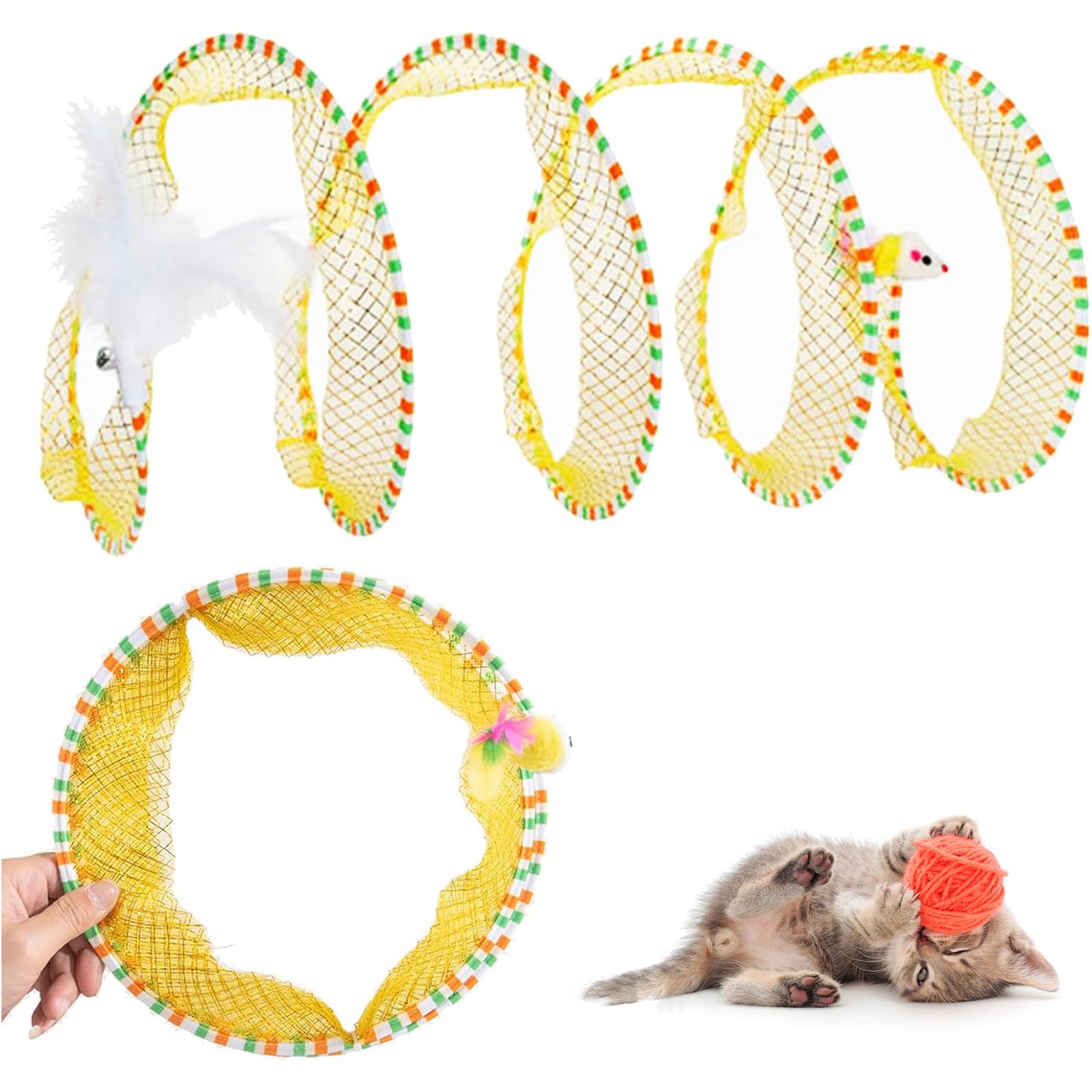 Túnel De Gato Cubierto,Túnel De Gato Espiral,Túnel De Conejo,Túnel De Gato Plegable,Juguete De Túnel De Gato,con Plumas Y Ratón De Relleno,con Plumas y Ratones,65x25 Cm,Amarillo,1 Pieza