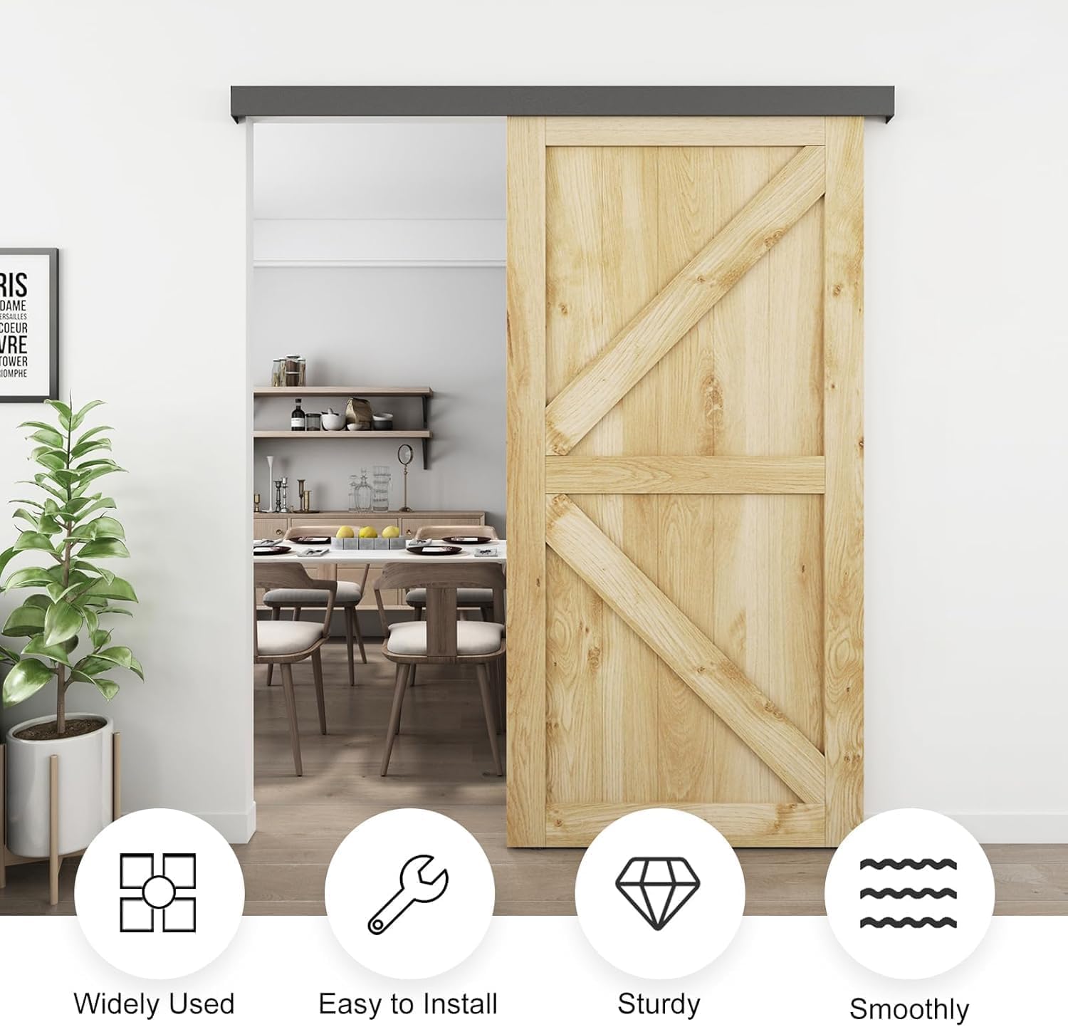 JUBEST Kit de herrajes para puerta de granero de 244 cm, riel de aleación de aluminio, herrajes ocultos para puerta corredera interior clásica y moderna, puerta de madera individual, baja holgura