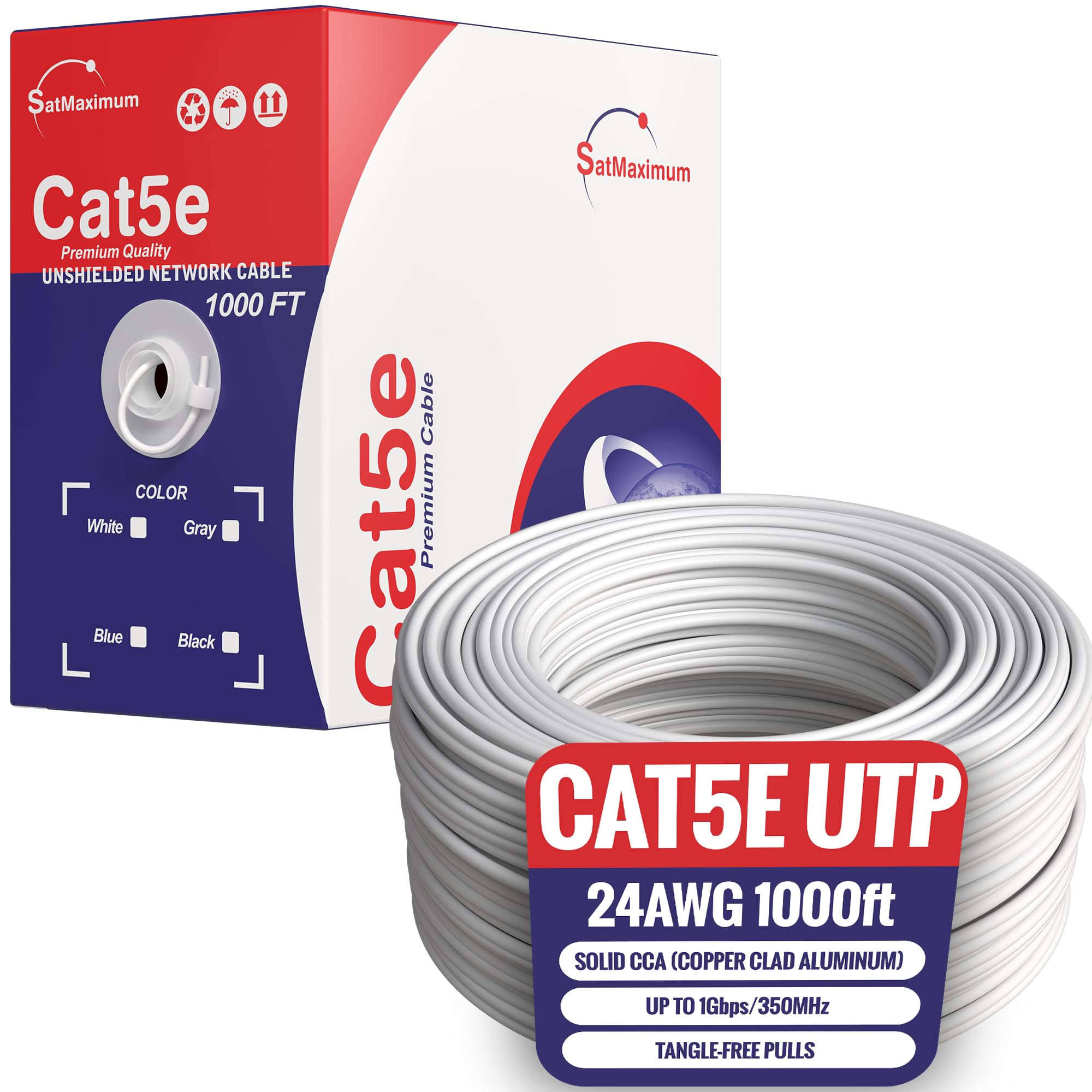 1000ft Cat5e Solid 24AWG Cable UTP Cat5 Bulk Pull Box Network Copper Clad Aluminum Wire (Unshielded (UTP), White)