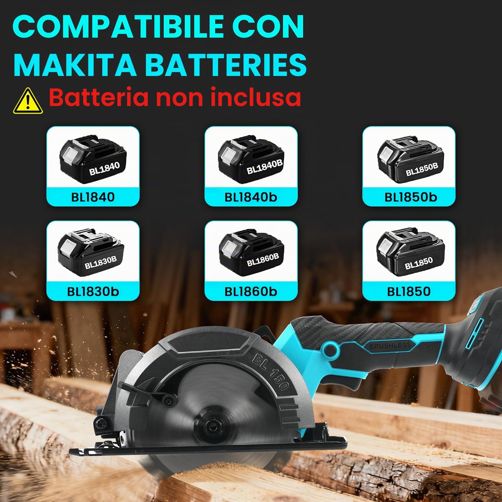 Sega circolare a batteria compatibile con Makita 18V, sega circolare senza spazzole, 5800 RPM, profondità di taglio 55 mm, 0-45°, sega circolare elettrica per legno, plastica (senza batteria)