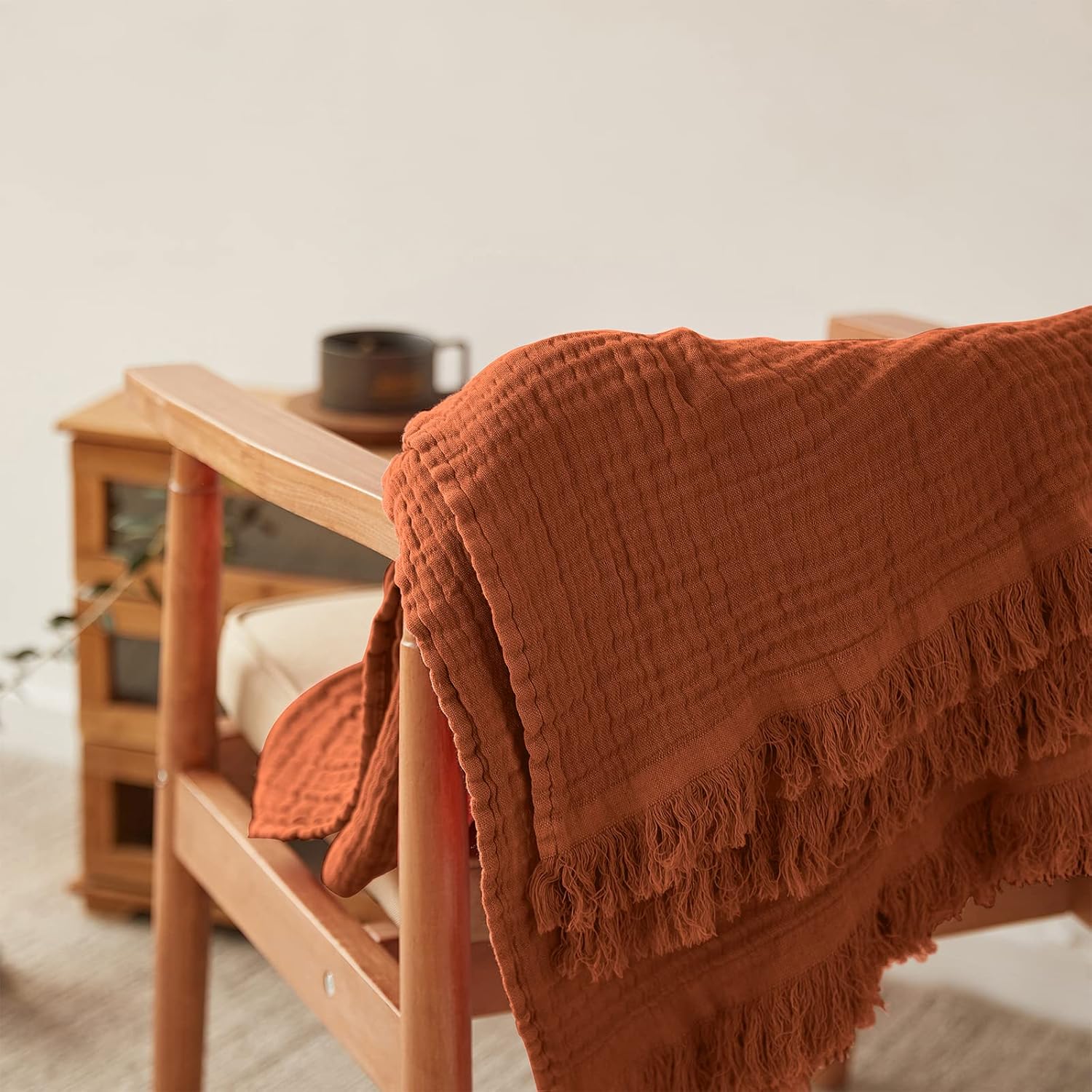 Simple&Opulence Cotton Muslin Throw Blanket for Bed, Couch, Knit Woven Gauze Blanket with Tassels, Soft Lightweight Cozy Pre-Washed Breathable Farmhouse Decoration for All-Season (Rust Orange) - Image 8