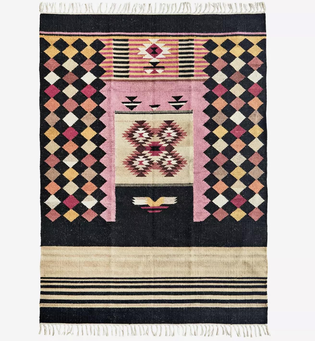 Pink & Black Handwoven Rug Madam Stoltz Rug, Geometric Rug, Black Pink and Mustard Rug, Black Pink & yellow Rug, Diamond Rug, 120 x 180cm Rug