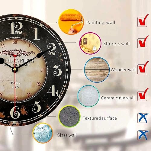 Miniatura 6 de Mrocioa Reloj de pared redondo negro de 14 pulgadas con grandes números árabes, relojes de pared de madera retro para sala de estar, oficina y