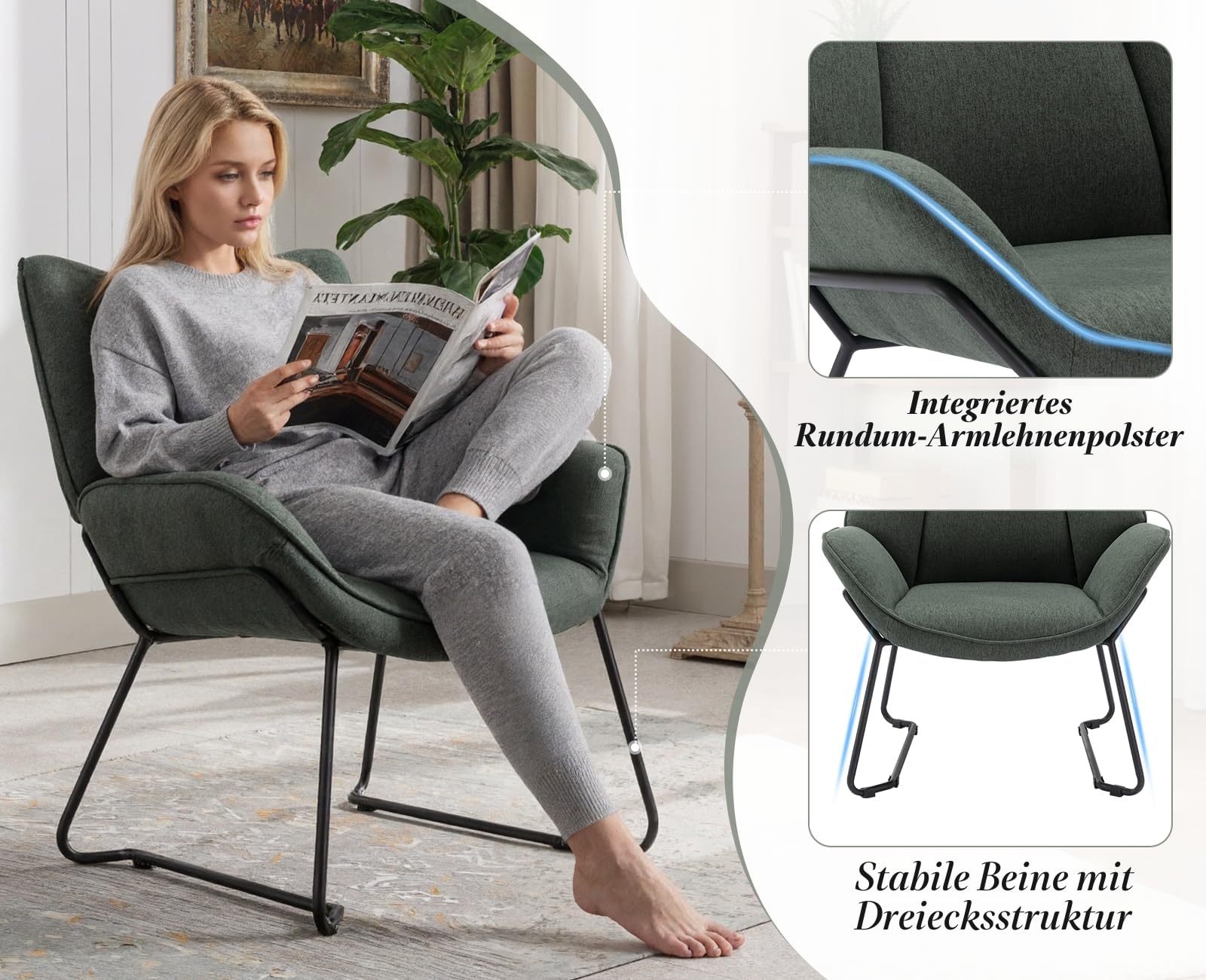 chairus Leinen Loungesessel für Wohnzimmer Balkon Modern Gepolstert Polsterstuhl Relaxsessel mit Metallbeinen (Grün)