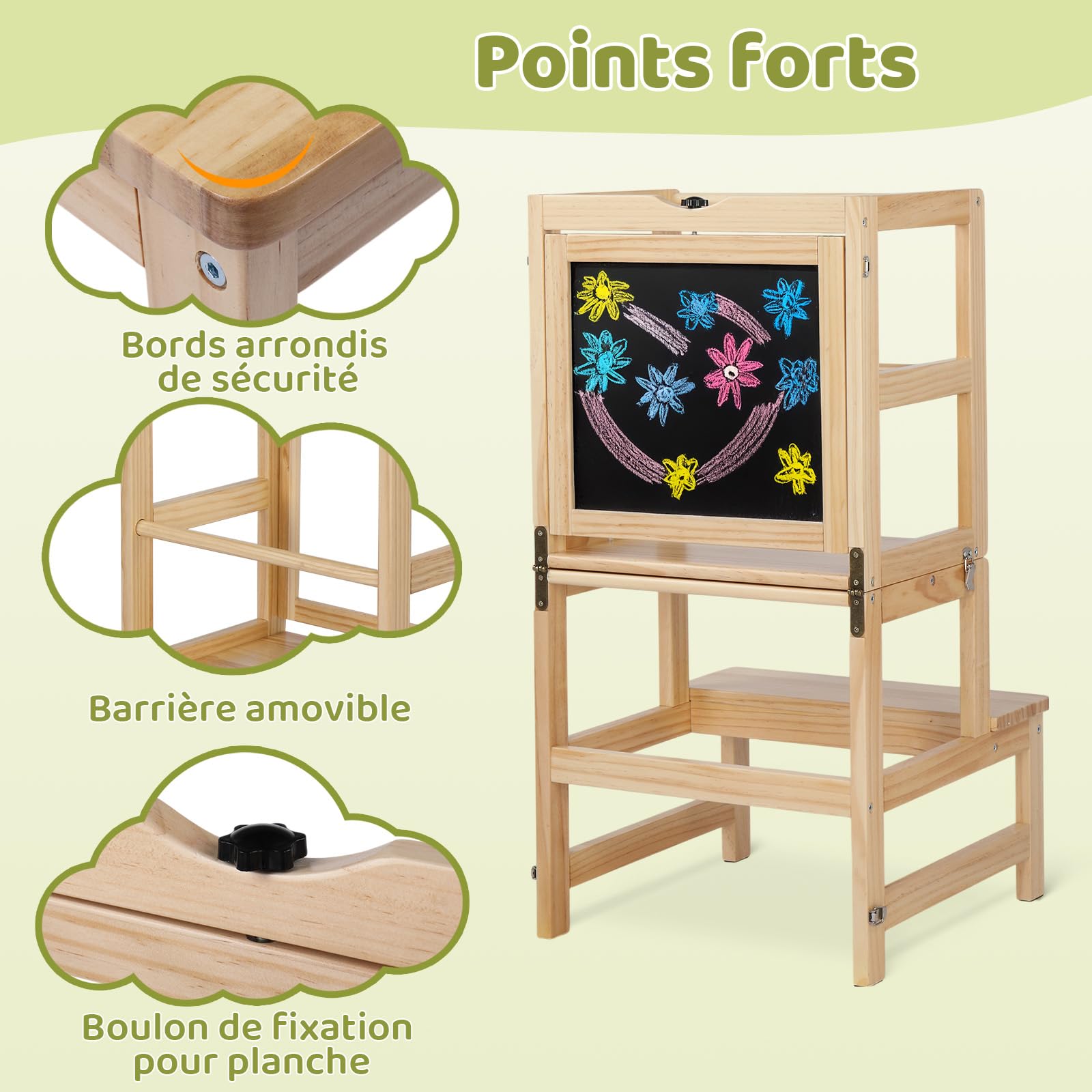 Tour d'Observation Enfant Bonnlo, Tour d'Apprentissage en Bois Montessori pour Enfants à partir de 18 Mois (Nature)