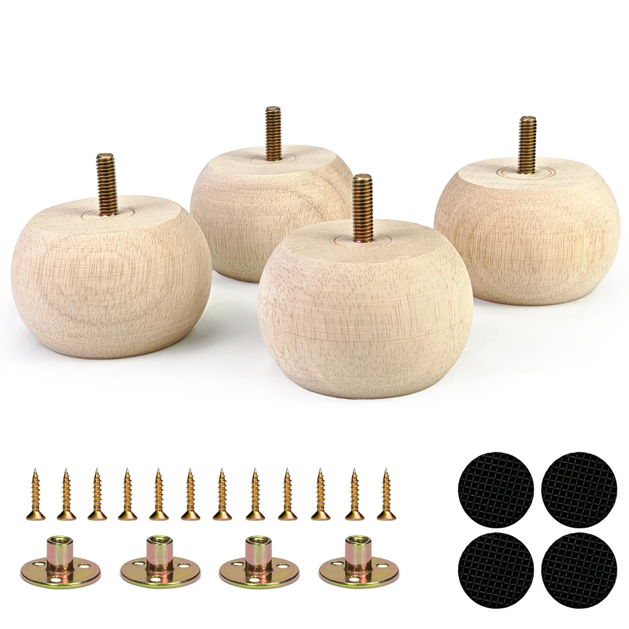 Crawopft 2 Inch Wooden Furniture Legs, Set of 4 Replacement Solid Wood Unfinished Round Furniture Bun Feet for Couch Chair Sofa Dresser Desk Table