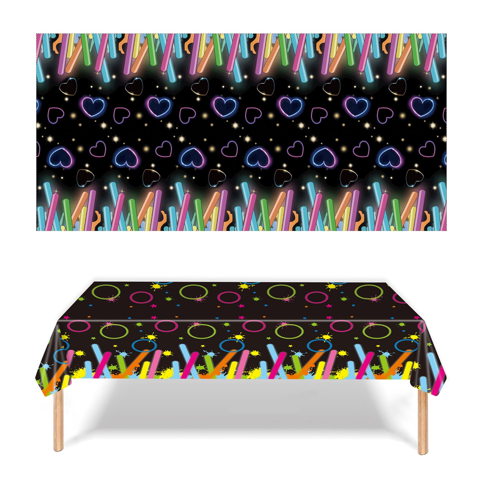Birthday Party Tablecloth 2PCS Glow Stick Neon Themed Party Tablecloth Birthday Table Decoration Party Supplies Plastic Disposable Black Tablecloth for Indoor or Outdoor Parties Birthday Holiday