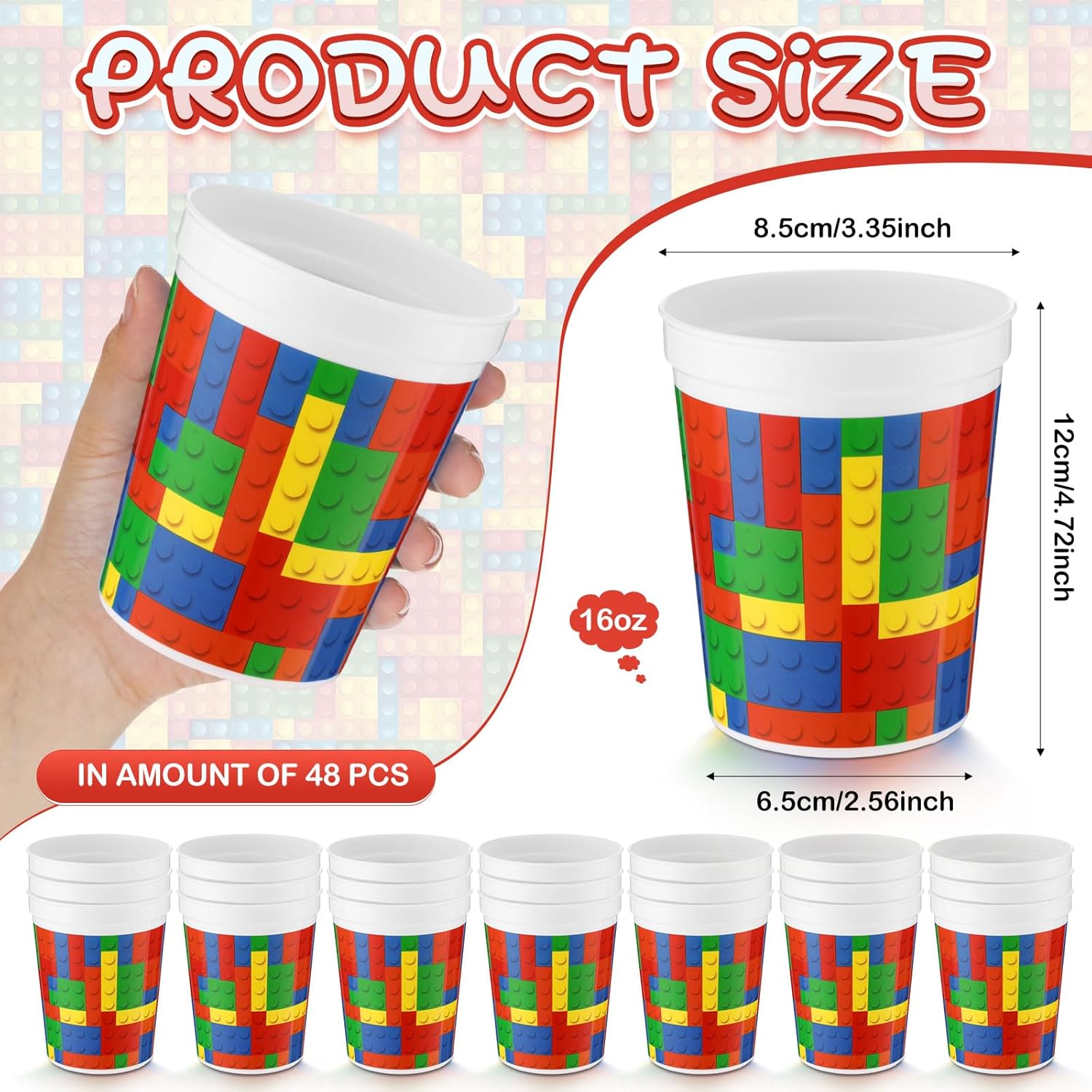 Yungyan 48 Pcs 16oz Building Block Plastic Cups Building Block Birthday Party Supplies Reusable Colorful Drink Cups for Party Celebration Cartoon Carnival Decoration
