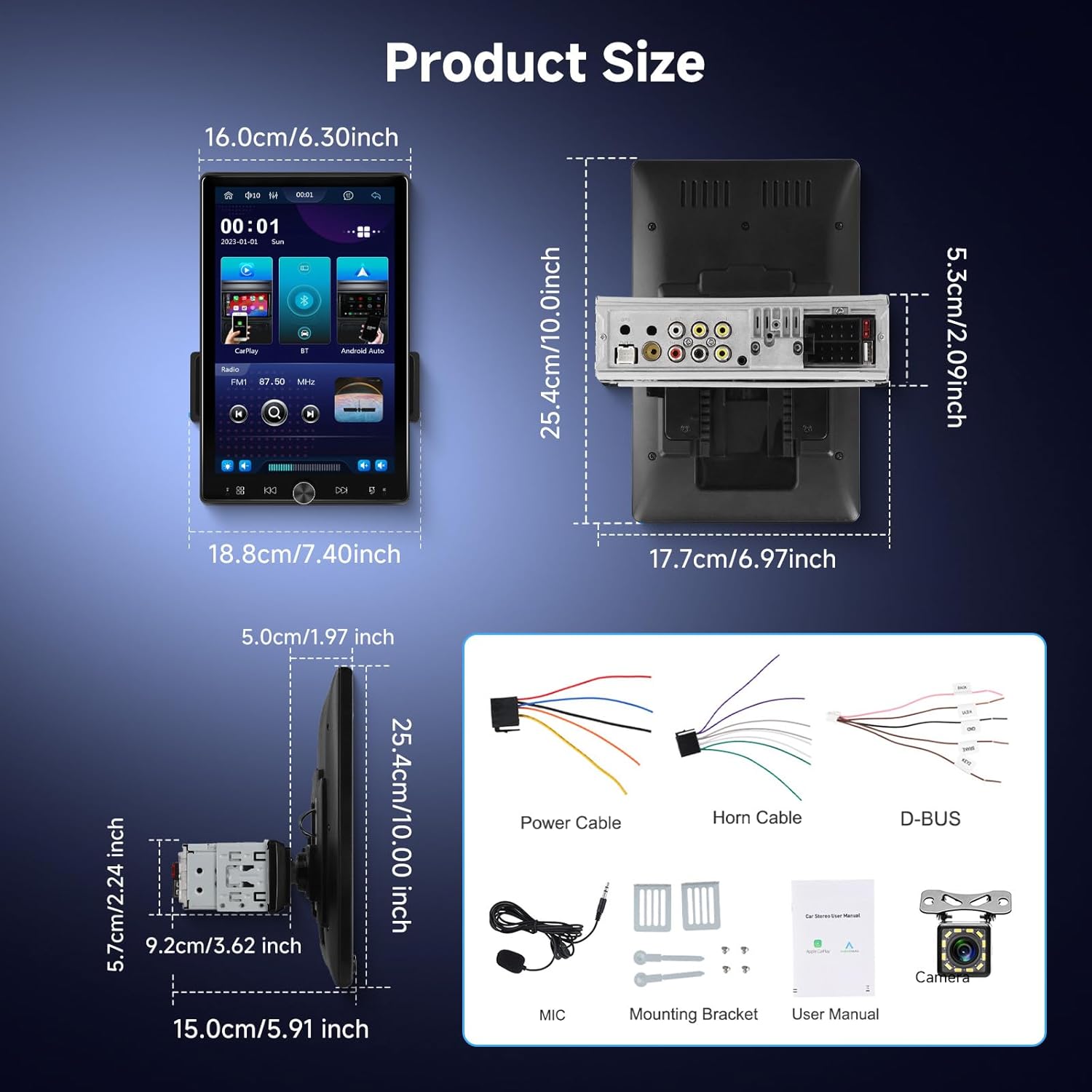 Car stereo screen displaying rearview camera feed with parking guidelines, and a diagram for setting up steering wheel controls.