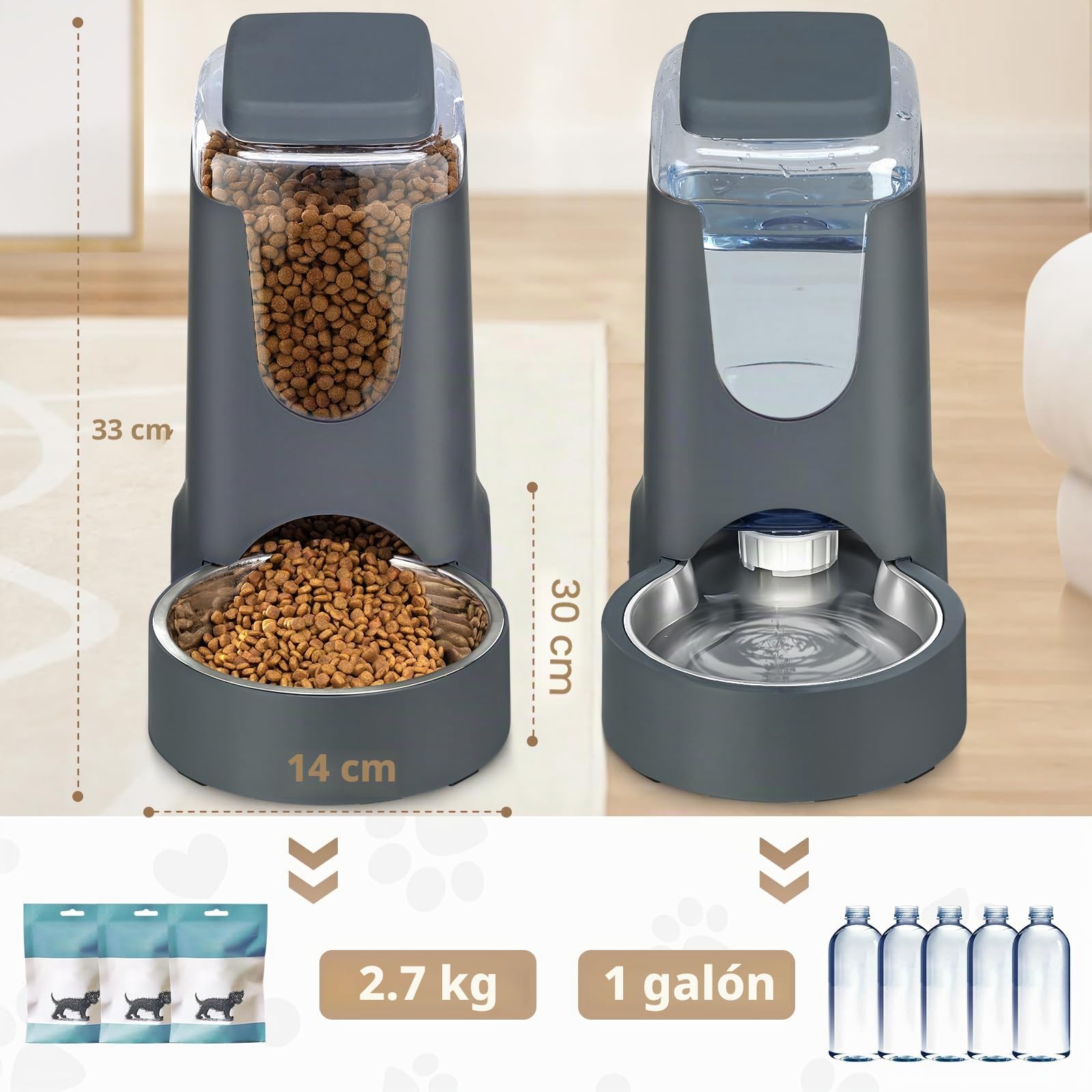 Comedero automático para gatos y perros y dispensador de agua con cuenco de acero inoxidable, alimentador de alimentos por gravedad y bebedero para mascotas pequeñas y medianas, cachorros, gatitos, 1