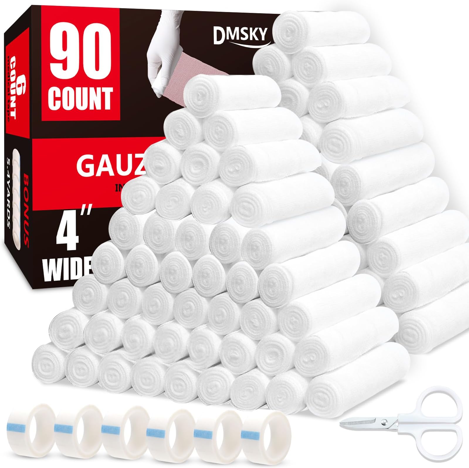 DMSKY Gauze Rolls 90 Pack, 4 in x 4.1 Yards, Individually Wrapped Gauze Wrap Roll for Wounds,Premium Rolled Gauze Bandage Wrap Vet Wrap, Mummy Wraps