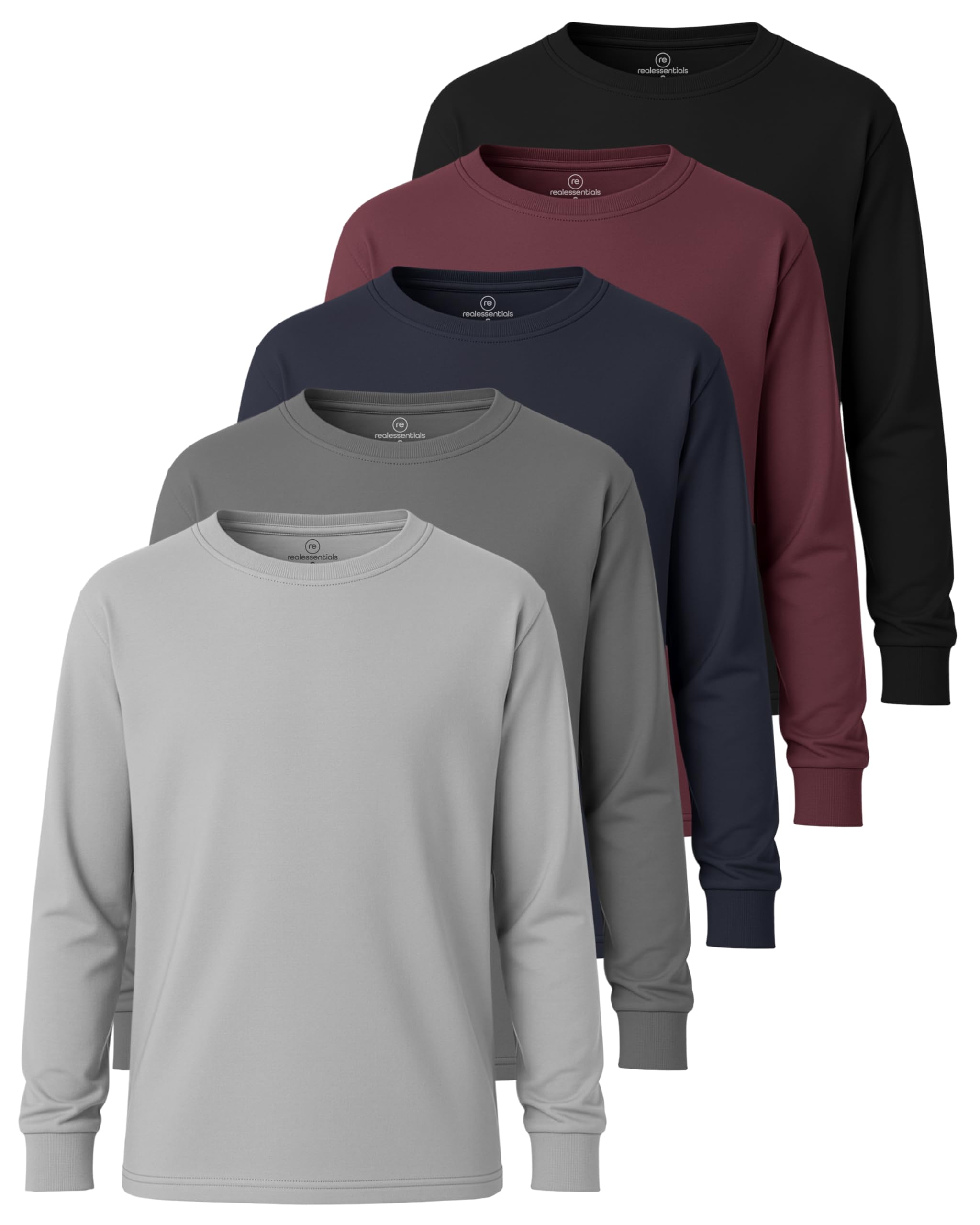 Real Essentials 5 Pack: Boys' Cotton Jersey Long Sleeve T-Shirt Uniform Kids Crew Neck Tee Top