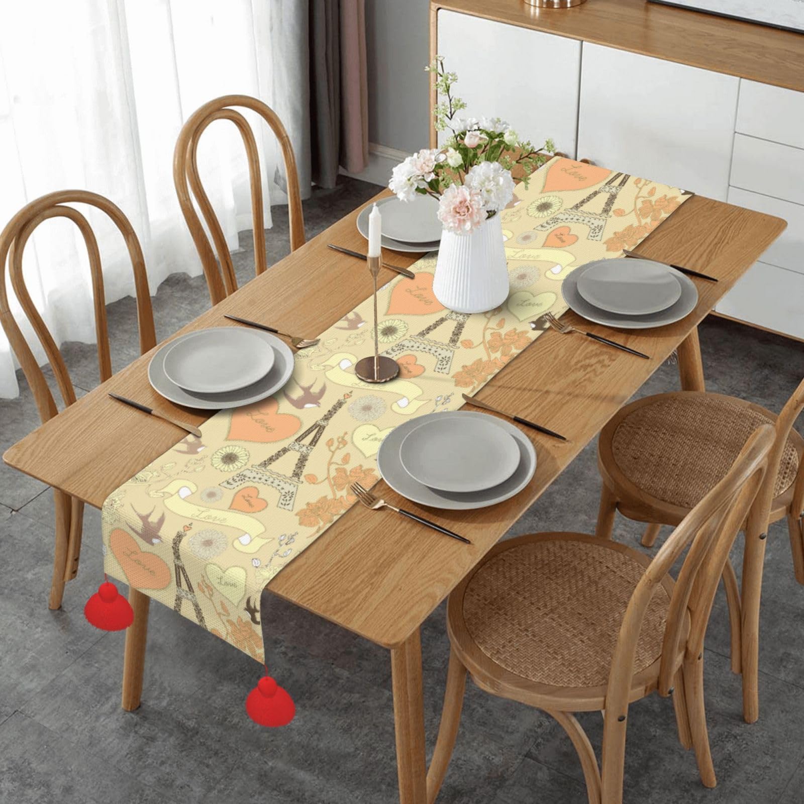 Chemin de table de Noël à pompon style vintage hirondelle de Paris pour fête 35cm