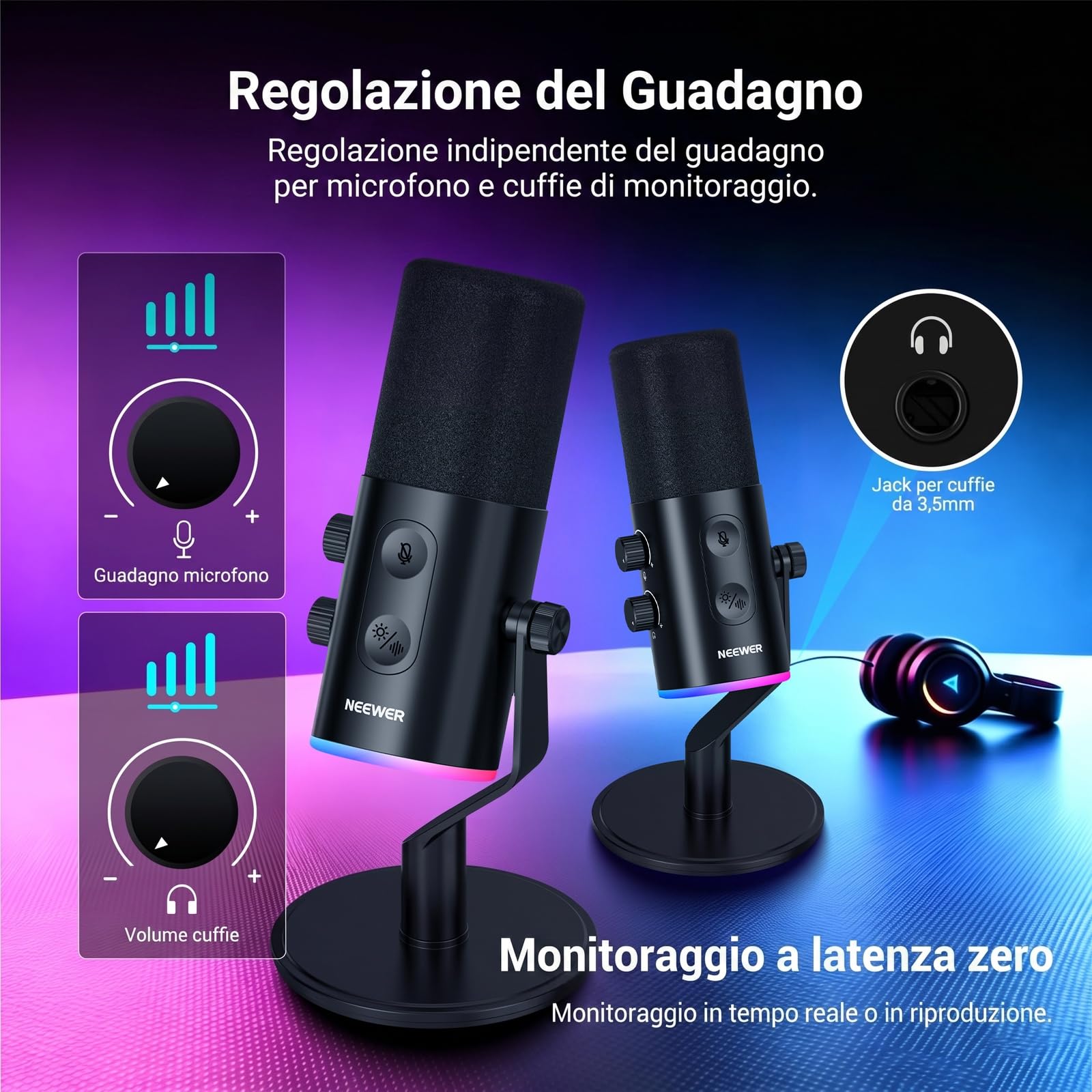 NEEWER DM03 Microfono Dinamico RGB USB/XLR con Muto Antirumore AI Controllo del Guadagno Mic e Volume Cuffie, Monitor TRS 3,5mm, Supporta App MIC/EQ/Sinc Musica per PC Video Gioco Podcast Canto