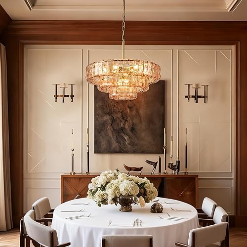Miniatura 7 de 23in Large Chandelier Gold, Modern Dining Room Light Fixtures, 3 Layer Luxury Glass Chandelier 9 Light Chandeliers for Dining Room Kitchen Island