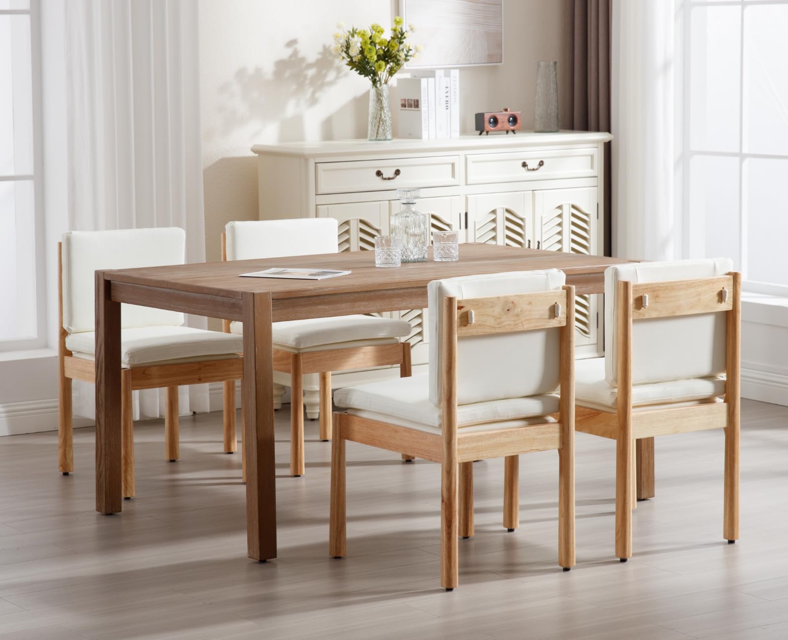 Shunzhi White Leather Dining Chairs Set of 4 Modern Upholstered Dining Room Chairs Natural Wooden Side Chairs Armless Accent Kitchen Chairs with