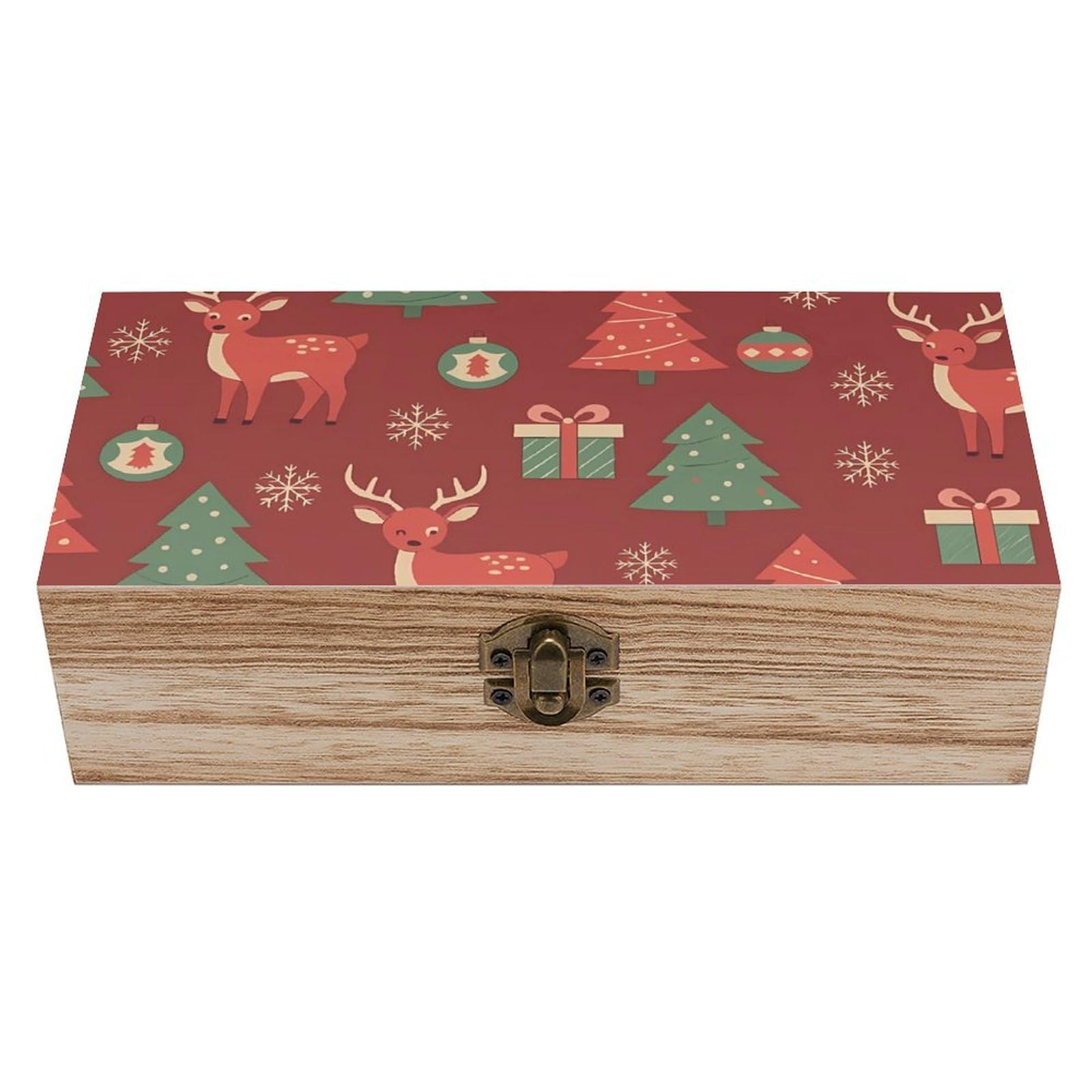 HLBSDM Christmas Red Deer & Green Tree Retro Wooden Storage Box Jewelry Art Gift Boxs Decorative Keepsake Boxes