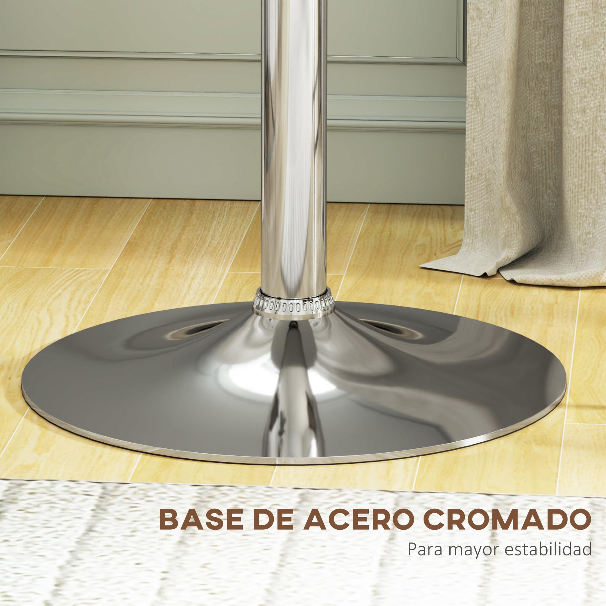 HOMCOM Mesa de Bar Redonda Ajustable en Altura 67-93 cm, Mesa Alta de Bar, Tablero Ø63 cm y Giratorio 360°, con Base Redonda de Metal Cromado, para Bistró, Cocina Comedor, Blanco