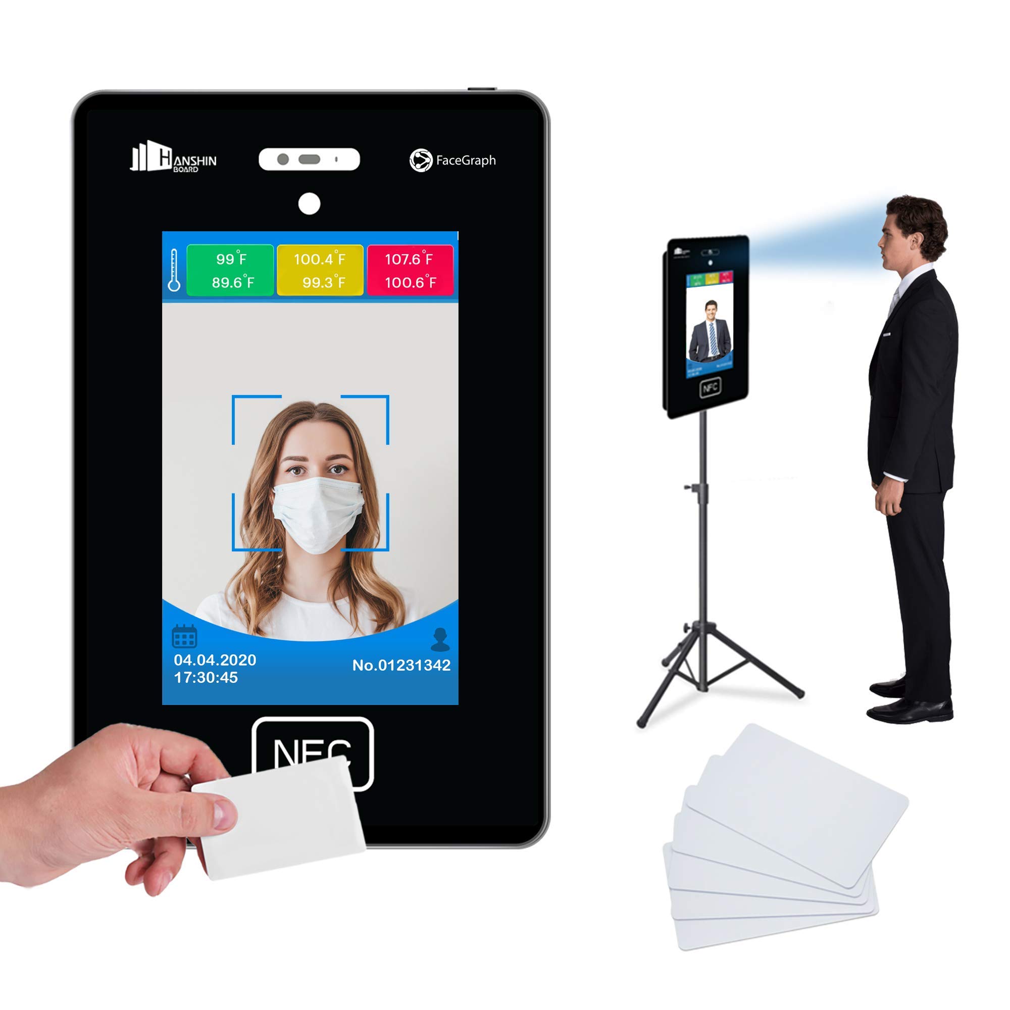 FaceGraph No Contact Facility Management & Attendance Tracking Kiosk + Floor Tripod Stand & 50 RFID Cards bundle-Facial Recognition with Phone app