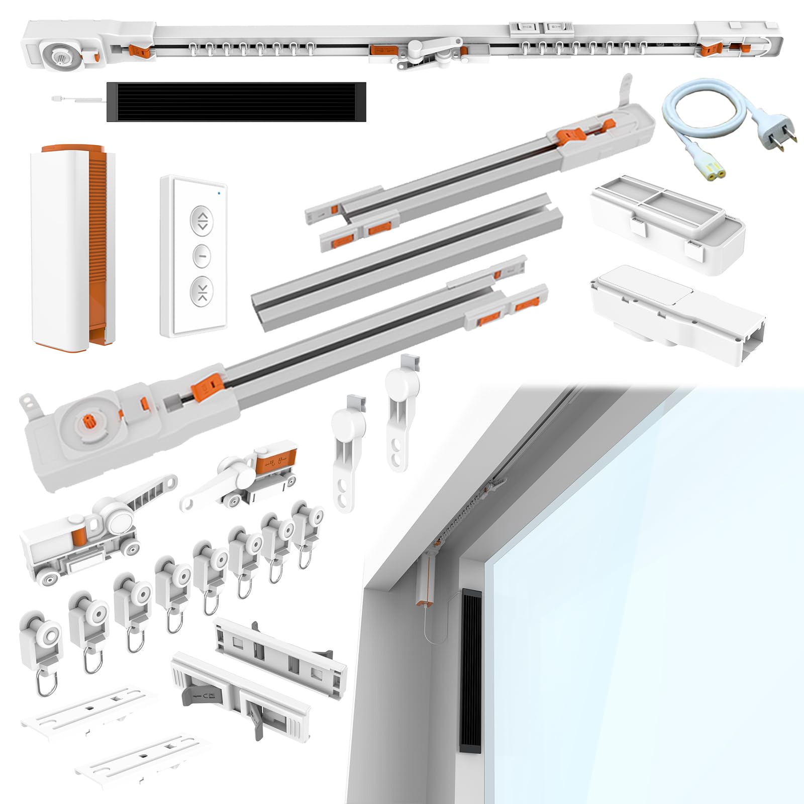Rail Motorisé pour Rideaux,Kit De Rail Intelligent,Ouverture Et Fermeture par Simple Pression,Réglage À Trois Vitesses,Chargement Solaire,pour Obscurcissement Décoratif,Blanc,600~710cm