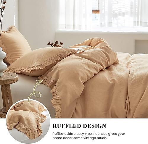 Miniatura 10 de Simple&Opulence - Juego de funda de duvet de 3 piezas, 100% lino belga con volantes, estilo campestre, tamaño king (104x92 pulgadas), natural, suave