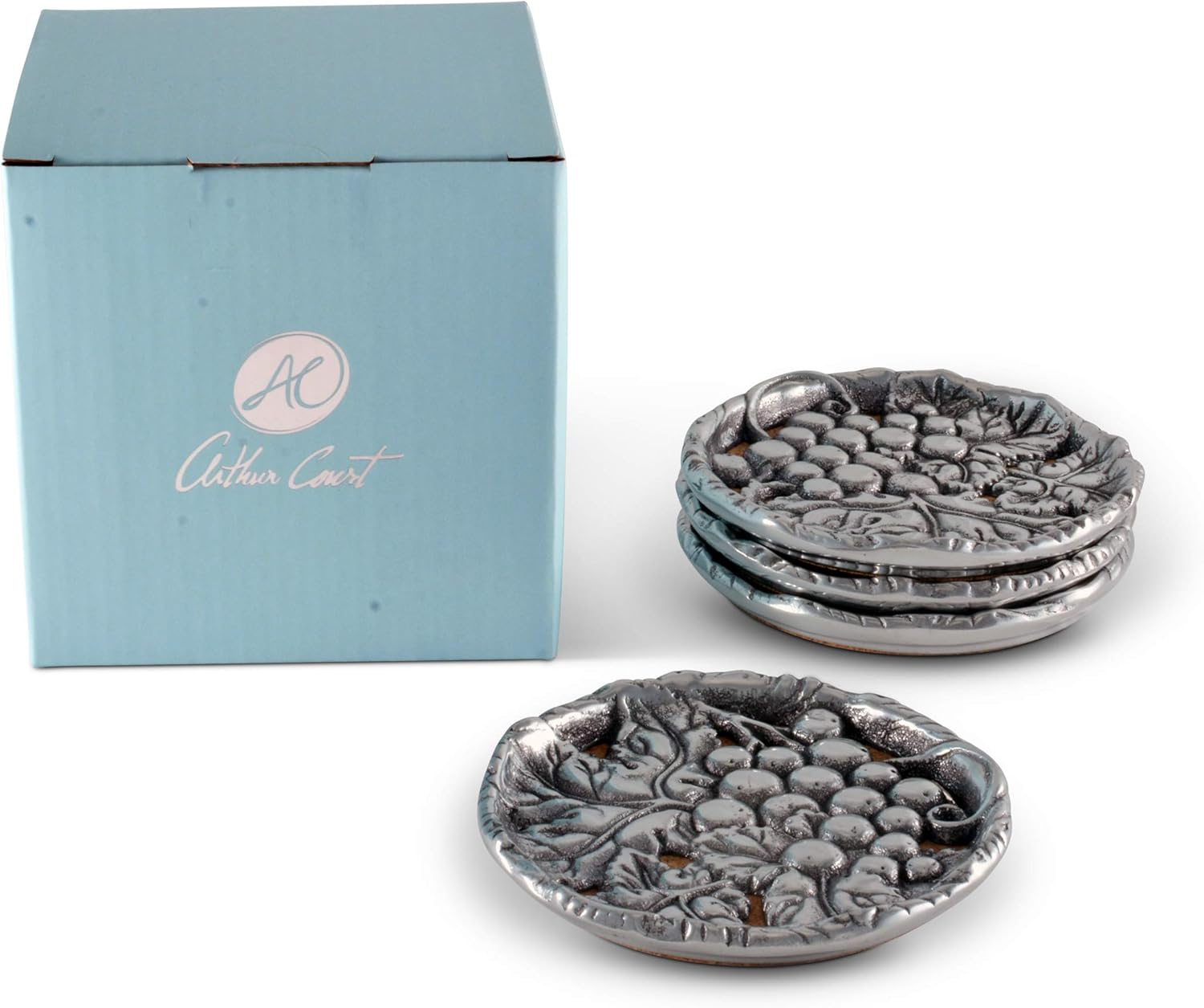 Arthur Court Aluminum Grape Wine Drink Coasters for Home Counters, Kitchen, Dining, Living Room, Patio, Coffee Table, Metal Holder Cork Padding Set of 4 Stackable 4 inch Diameter