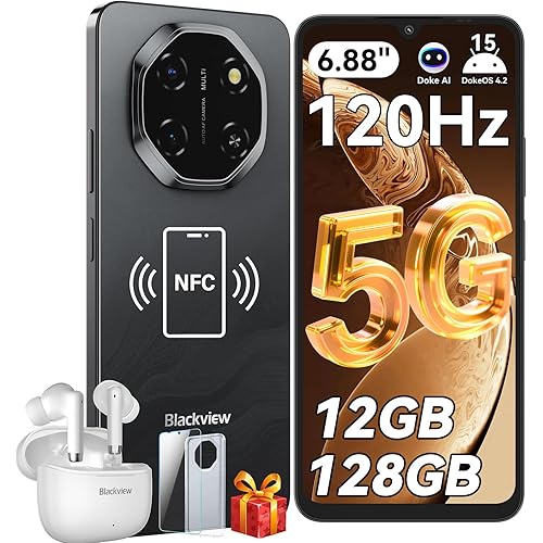 Blackview Shark 6 Unlocked Android Phones 5G (2025), Android 15 Cell Phone Unlocked, 6.88" 120Hz Display, 12GB+128GB/2TB, 16MP+8MP AI Camera, 5000mAh/18W,Fingerprint/Face ID,Dual SIM/GPS/OTG/NFC,Black