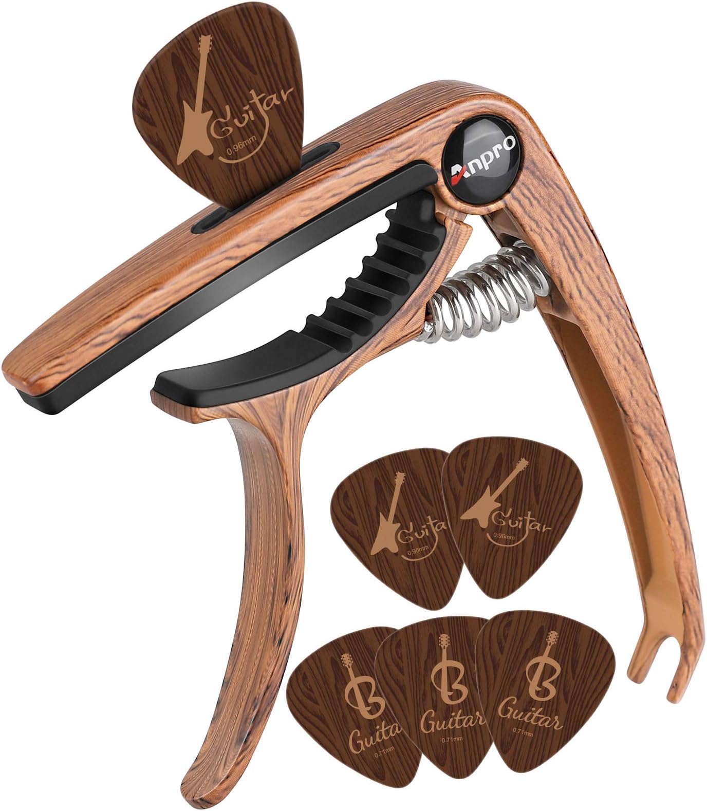 Anpro Guitar Capo with 6 Guitar Picks for Acoustic and Electric Guitar, Ukulele, Mandolin and Banjo, Wood grain