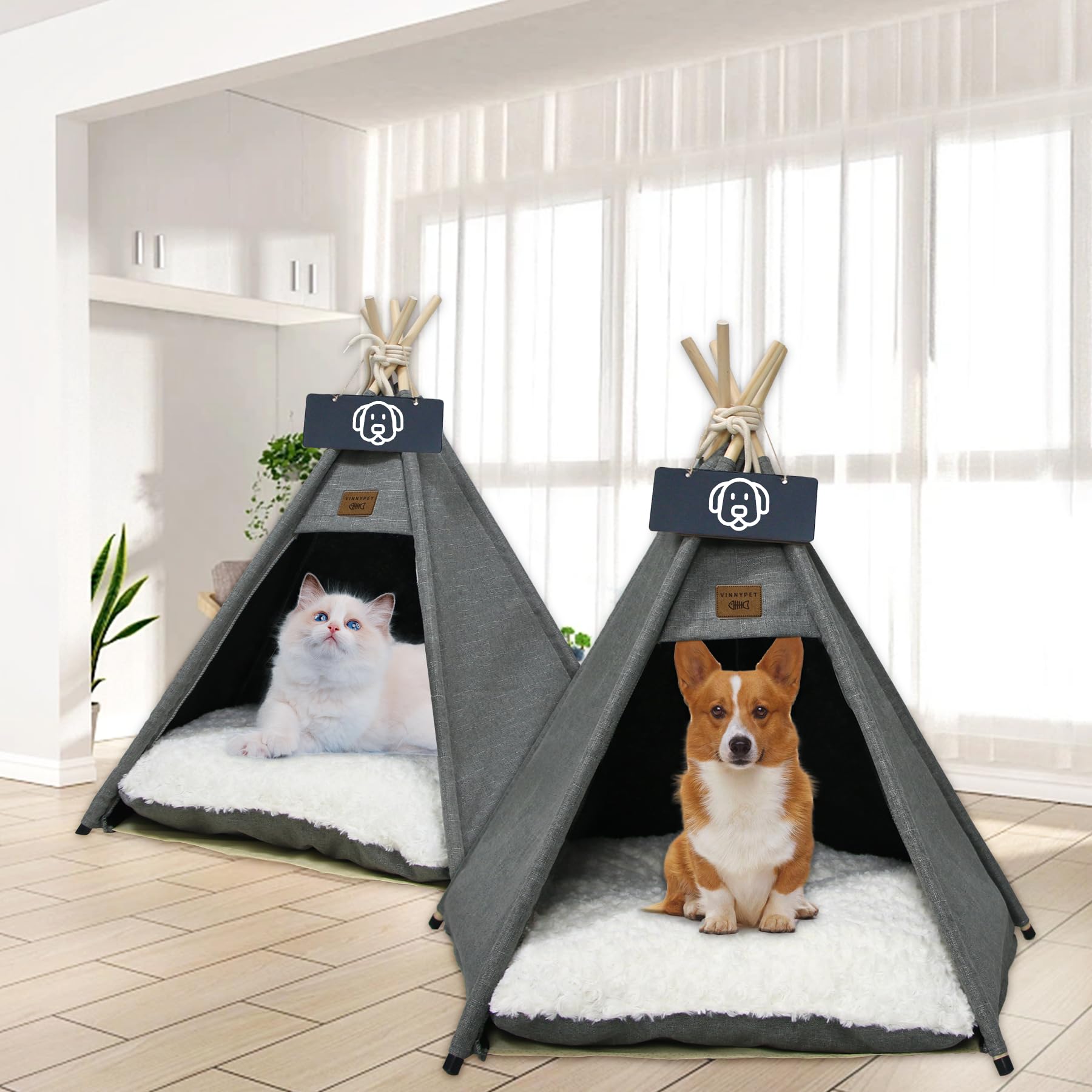 Mascotas Tipi para perros y gatos, casa de juegos con cojín de felpa para perros, tienda de campaña extraíble y lavable, 50 x 50 x 60 cm