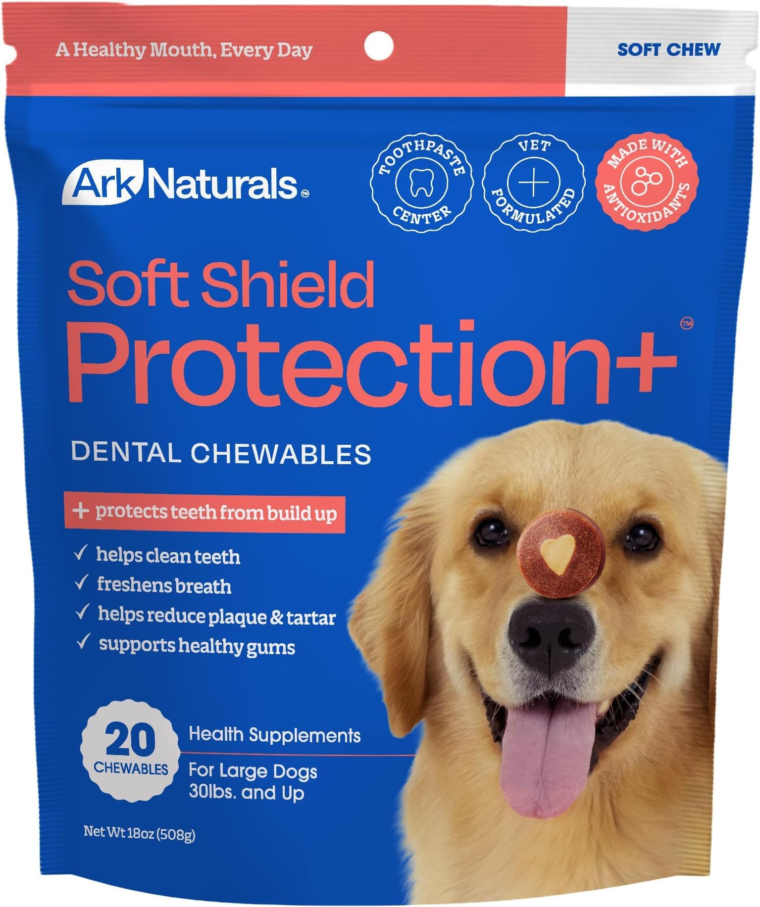 ARK NATURALS Soft Shield Protection+ Brushless Toothpaste, Dog Dental Chews for Large Breeds, Stops Plaque &amp; Tartar, Freshens Breath (Pack of 6)