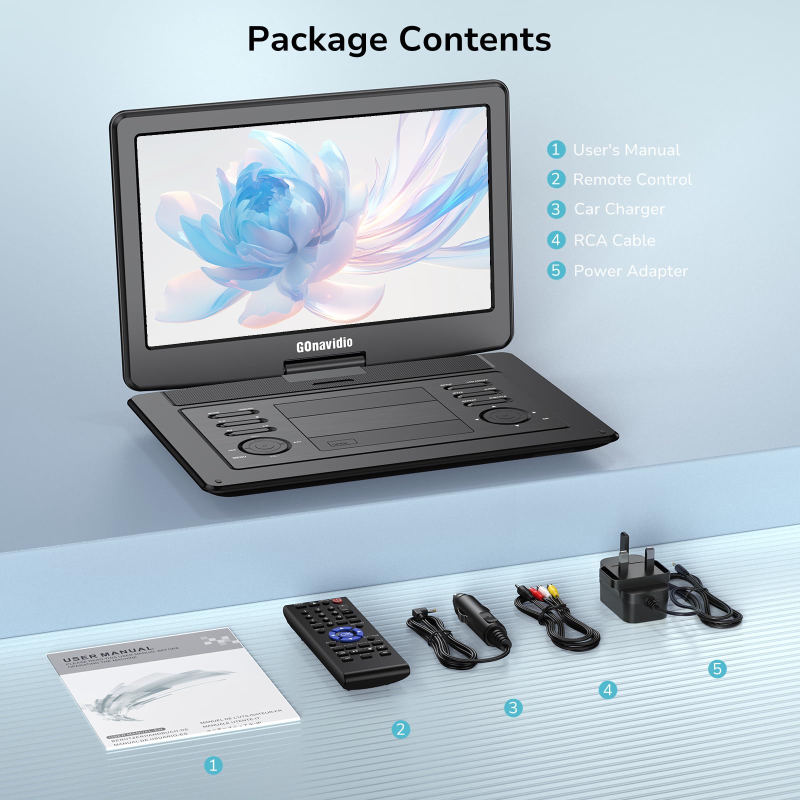 GOnavidio Lettore DVD portatile da 18 pollici con grande schermo HD da 16 pollici, batteria ricaricabile da 5 ore, supporto ingresso HDMI, sincronizzazione TV/telefono, 1600x900, scheda TF USB, MP4