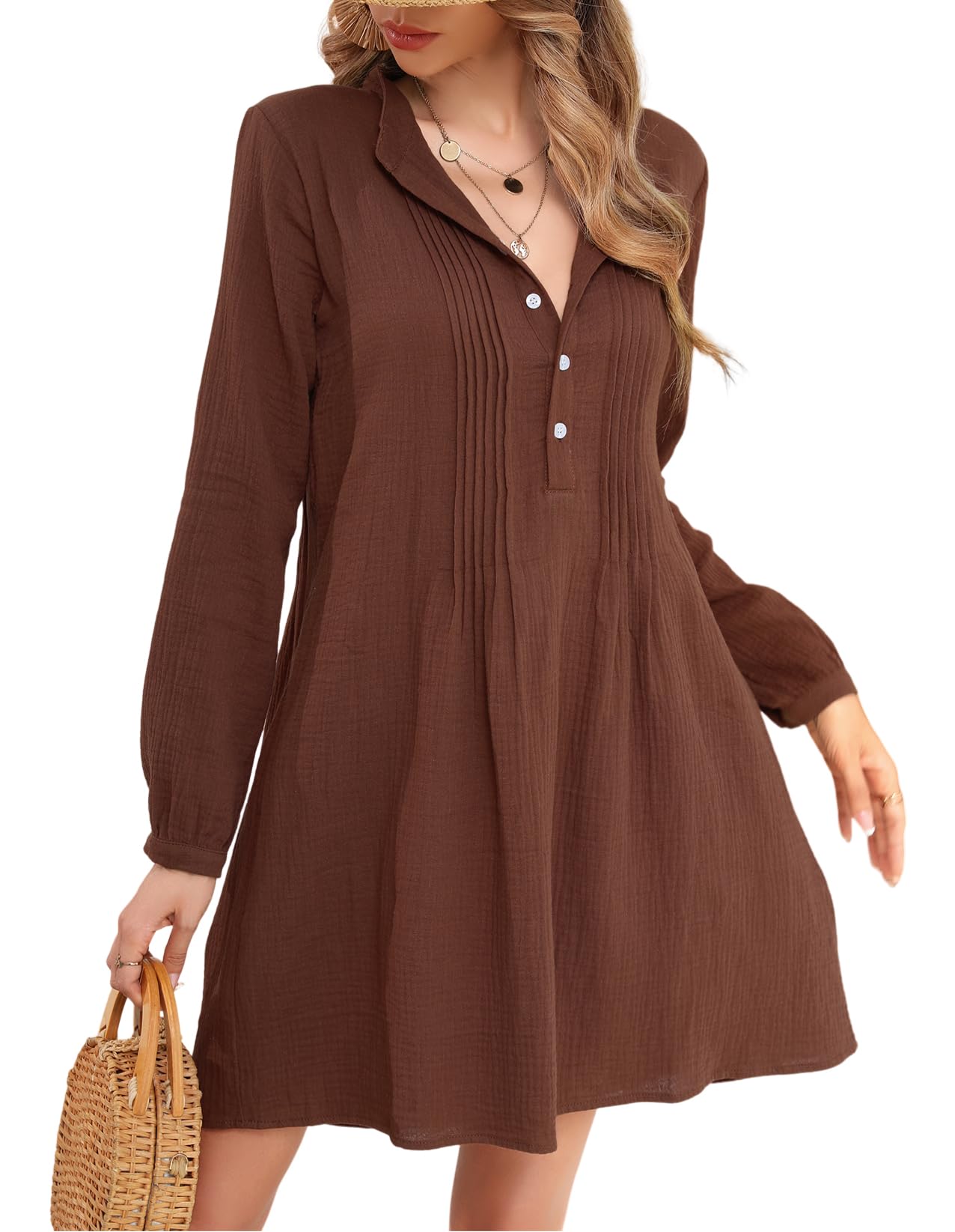 R.Vivimos Women's Tunic Dress Fall Cotton Button Down Long Sleeves Casual Mini Shirt Dress