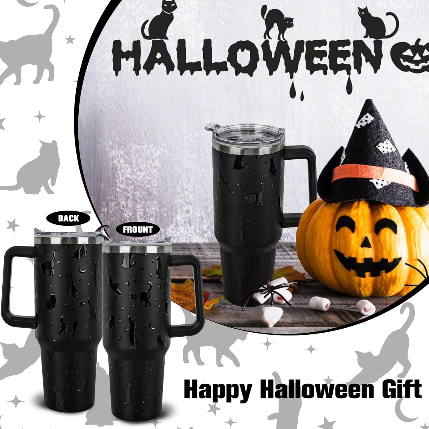 40 oz Goth Tumblers with Handle and Straw, 5D Black Cat 40oz Stainless Steel Vacuum Insulated Travel Coffee Mug Cup Water Bottle, Gothy Witch Decor Stuff Accessories Gifts for Women