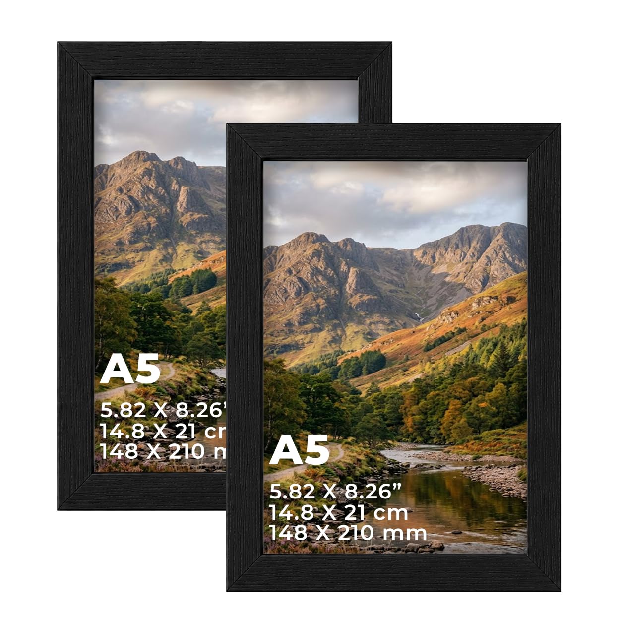 DECORO Black A5 (14.80X21.00 CM) Pack of 2 Picture Frame with Plexiglass Front & Engineered Wood Construction, Wall Hanging Display for Photos, Posters, Prints & Artwork, Portrait or Landscape