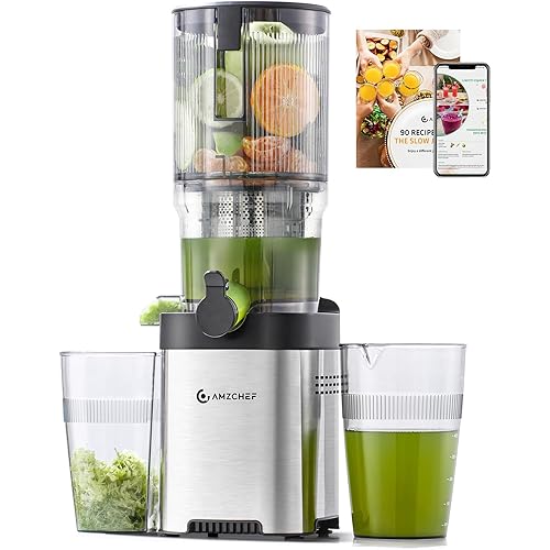 AMZCHEF Cold Press Juicer, Juicers Machines - 5.2" Large Feed Chute for Whole Fruits & Vegetables, Stainless Steel Slow Masticating Juice Easy to Clean, Large Auger, Triple Strainers, Silver