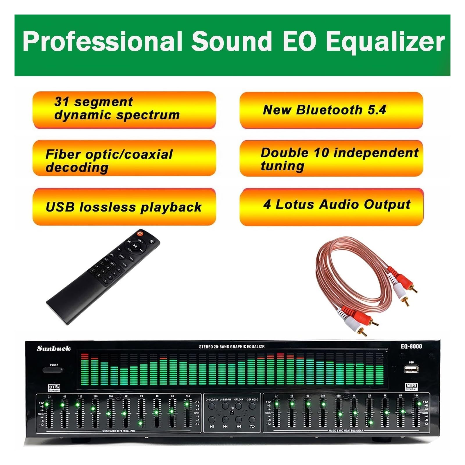 Ecualizador Digital de 31 Bandas, EQ gráfico estéreo, analizador de Espectro Musical, decodificación de Audio Digital coaxial óptico Bluetooth 5.4, reducción de Ruido